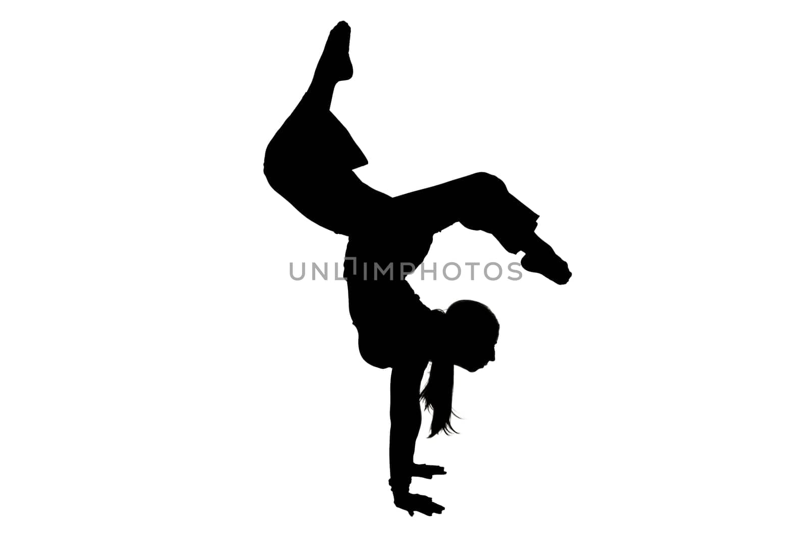 A clear silhouette depicting a person performing a handstand against a plain, white background devoid of any distractions or colors