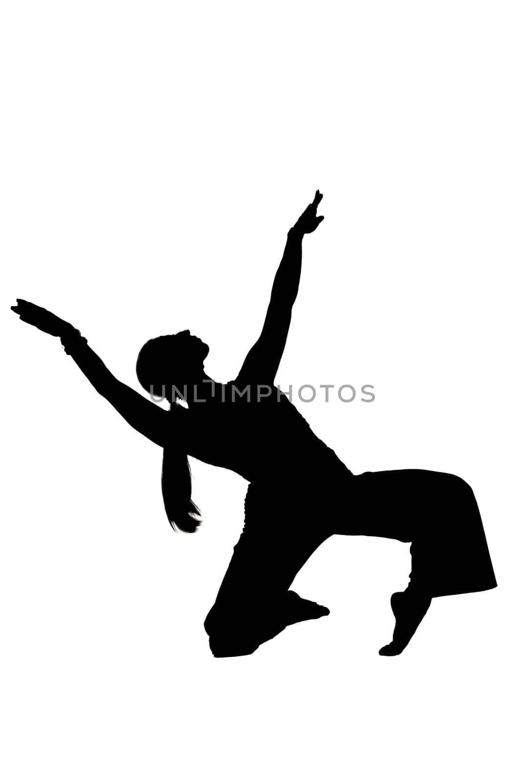 A beautiful silhouette of a woman kneeling down gracefully with her arms outstretched upwards toward the sky in an inviting gesture