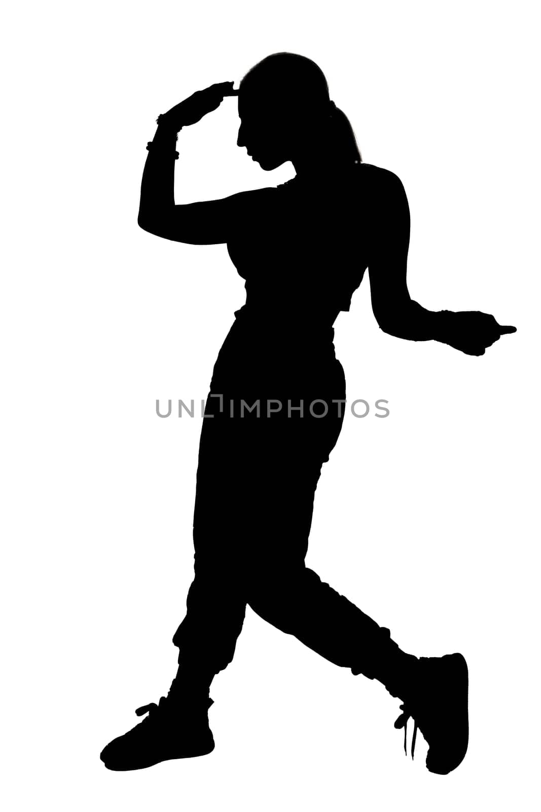 A graceful silhouette of a woman joyfully dancing against a plain white background, creating an appealing visual contrast and emphasizing movement