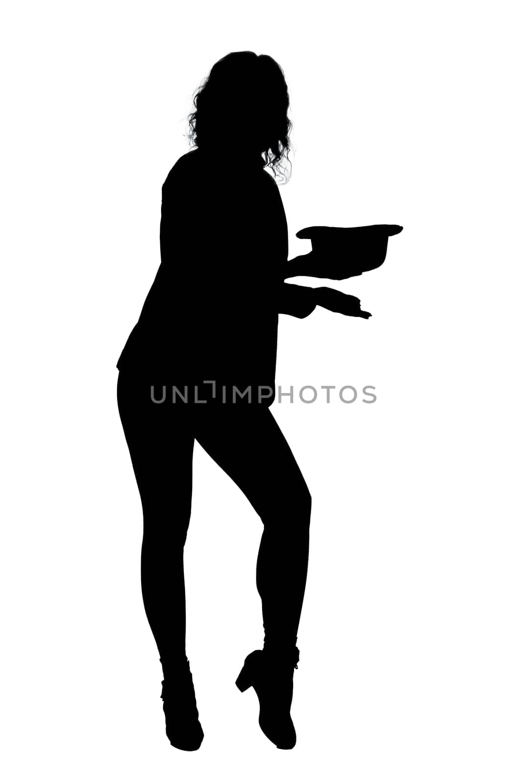 A graceful silhouette of a woman elegantly holding a tray against a pristine white background, creating a striking visual contrast