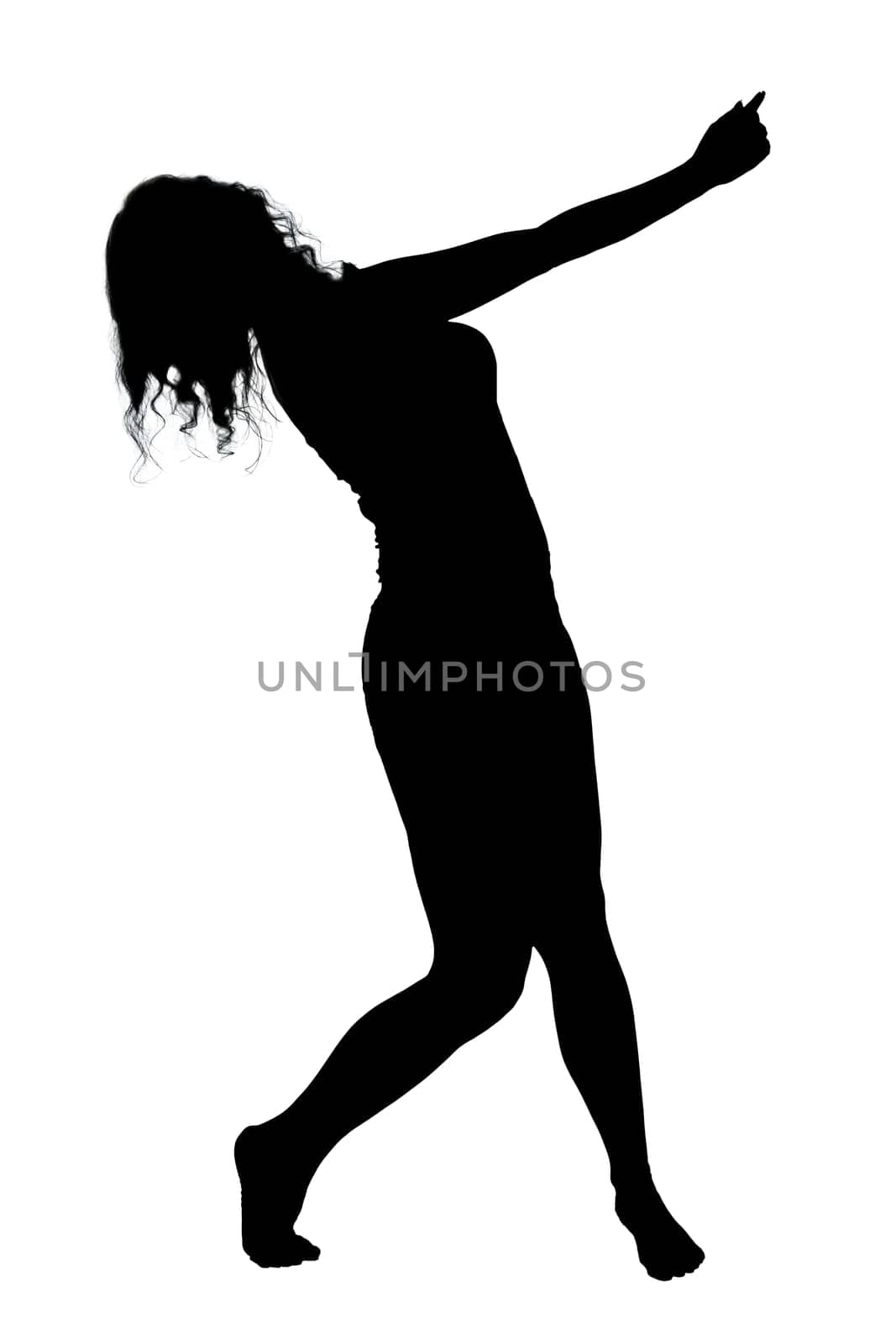 An elegant silhouette of a woman gracefully dancing on a pure white background that enhances the beauty of her movement and form