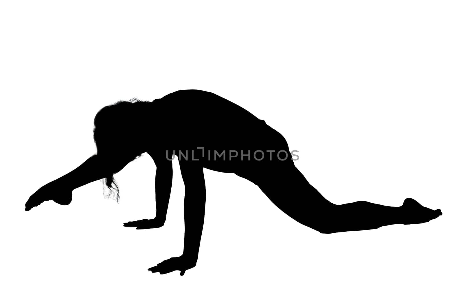 A striking silhouette of a woman performing a handstand gracefully against a clean, white background that enhances her form