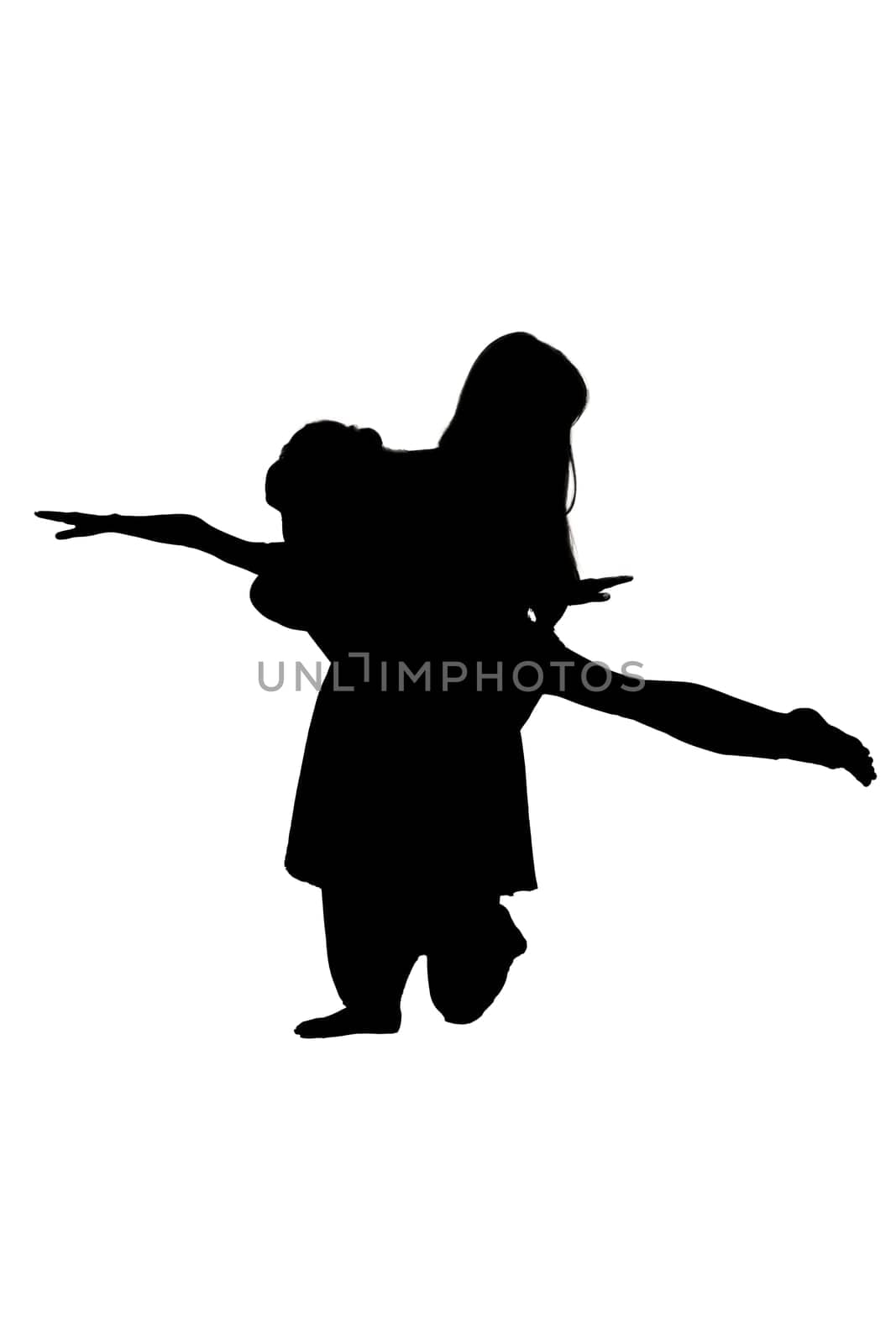 A striking silhouette of a woman gracefully carrying a child on her back, showcasing a tender moment of love and care