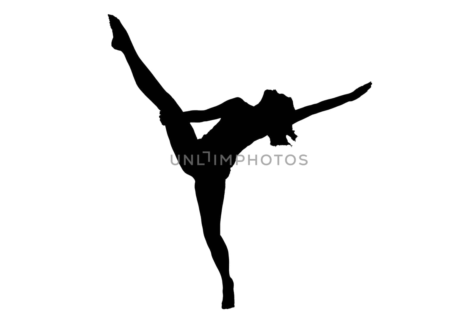 A graceful silhouette of a female gymnast performing an impressive split on one leg, showcasing her athleticism and flexibility