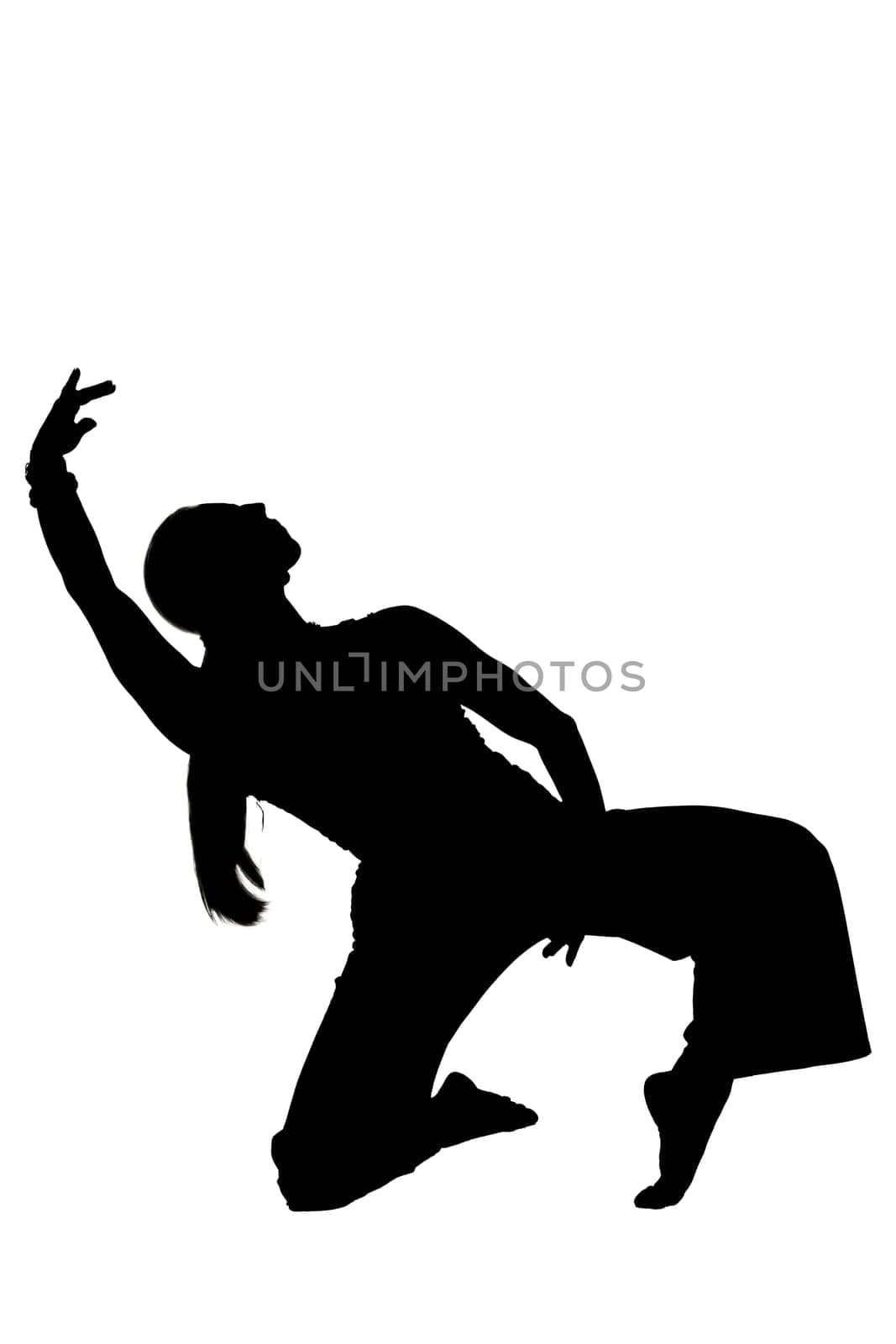 A captivating silhouette of a person gracefully kneeling down with their arms extended wide open, expressing a sense of openness and welcome