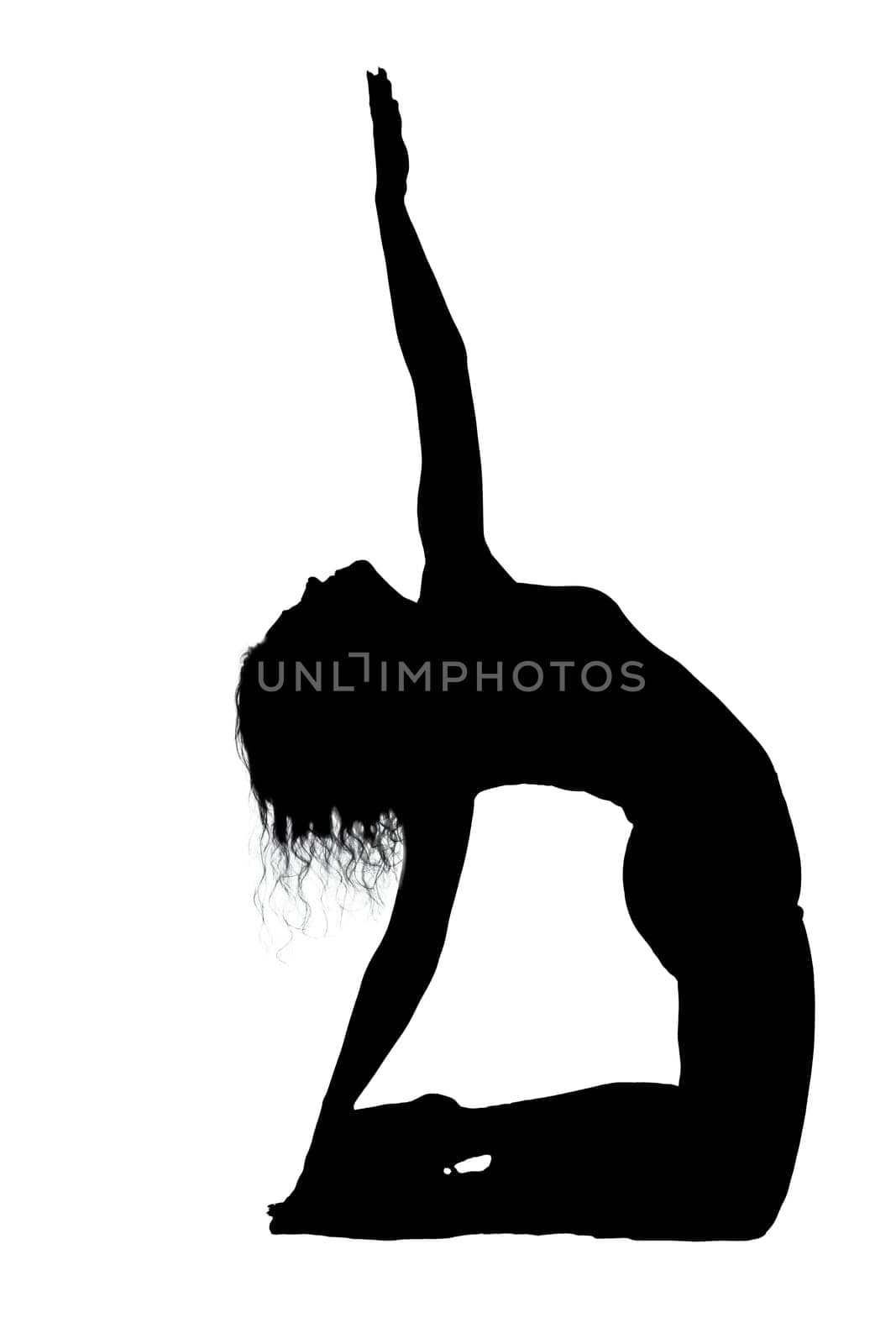 A beautiful silhouette of a woman gracefully performing a yoga pose against a clean white background that enhances her form and movement