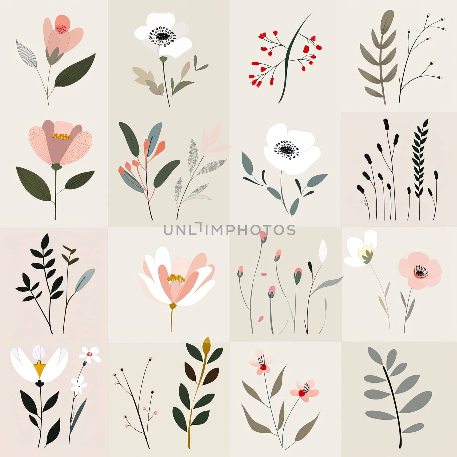 Different hand-drawn flowers and botanical elements are arranged in a grid layout on a neutral background, highlighting nature's variety and charm.