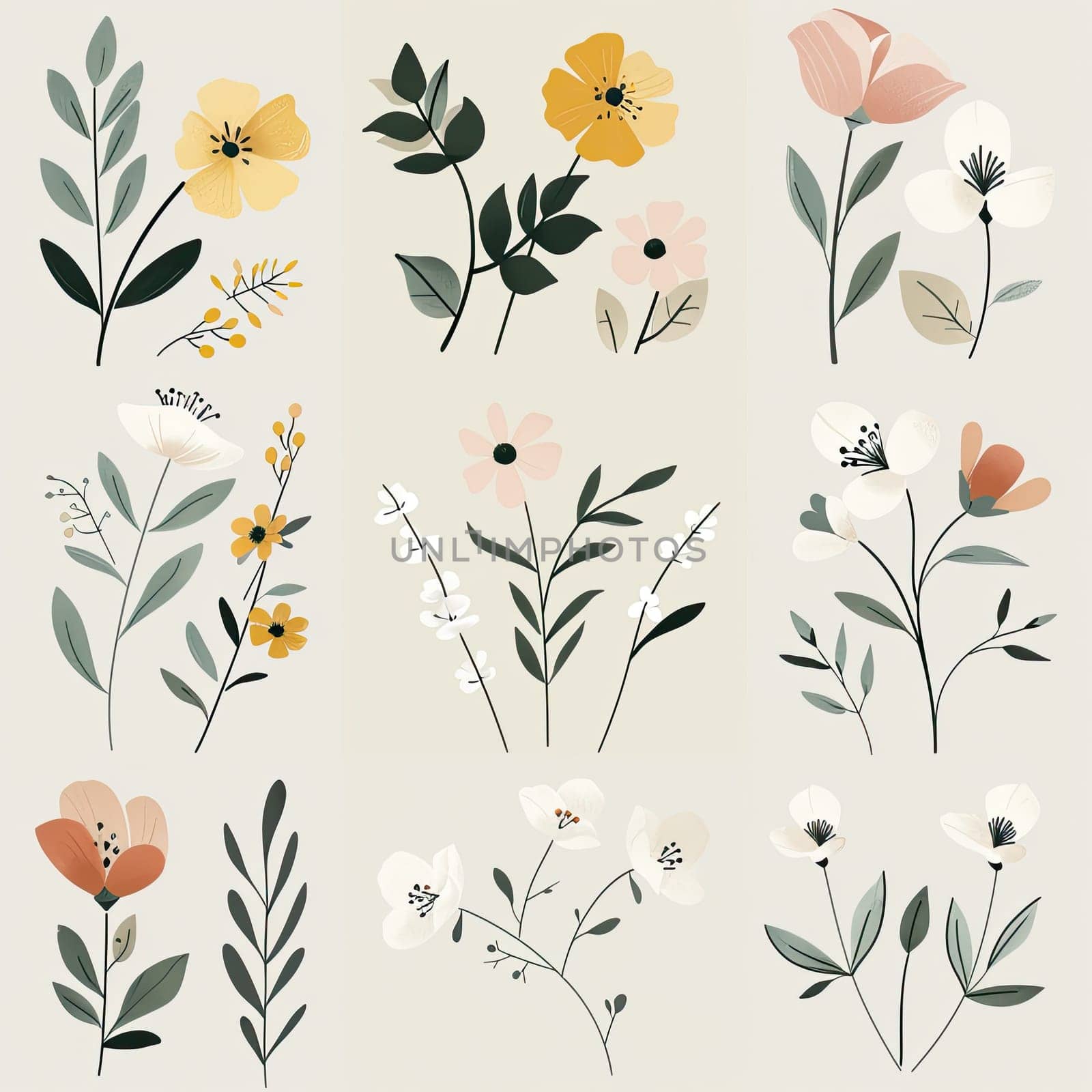 A collection of artistic floral designs featuring a variety of blossoms and foliage in soft colors, arranged neatly on a light backdrop, perfect for decoration.