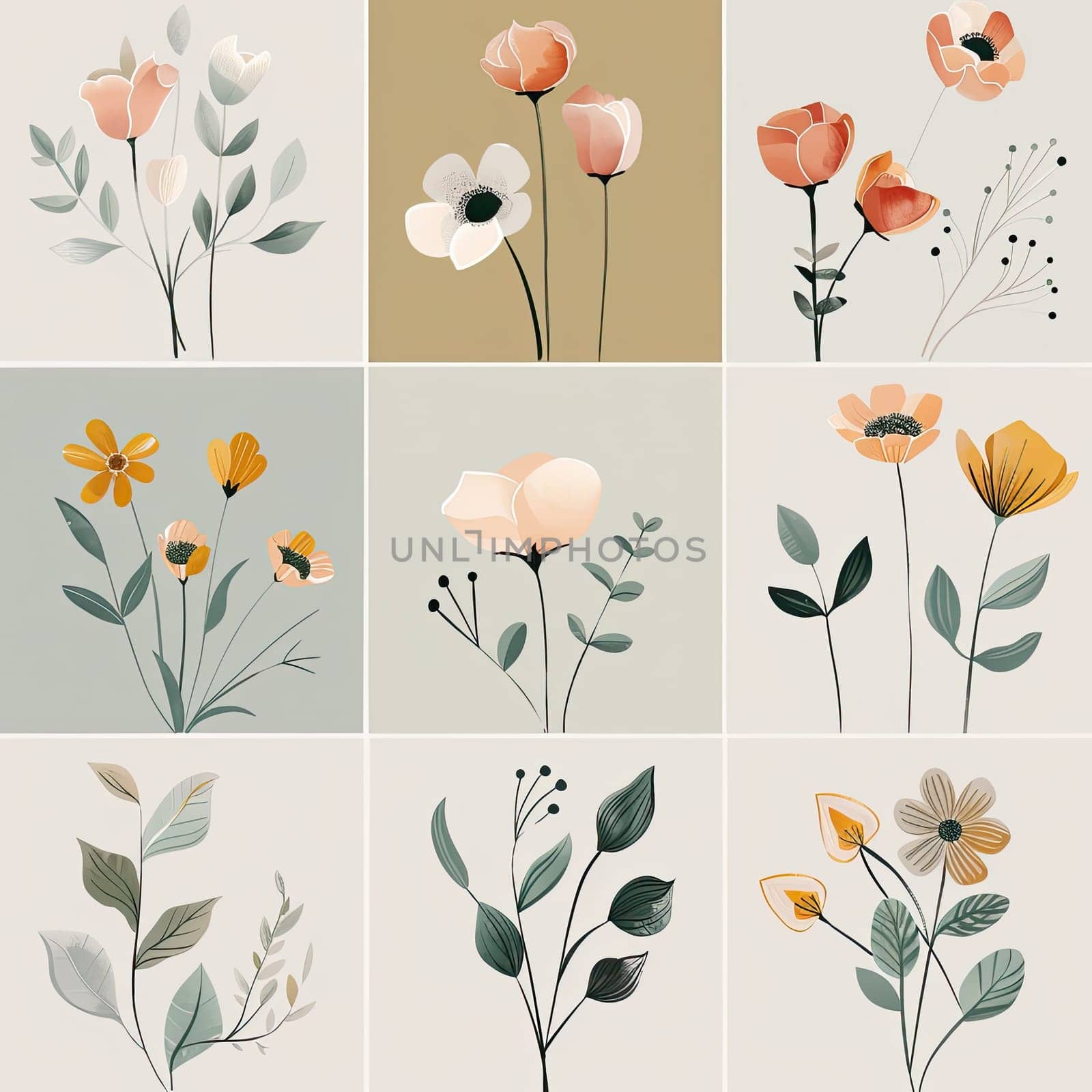 This artwork features a grid of nine floral illustrations, displaying a variety of colorful flowers and foliage on soft, neutral backgrounds, creating a harmonious design.