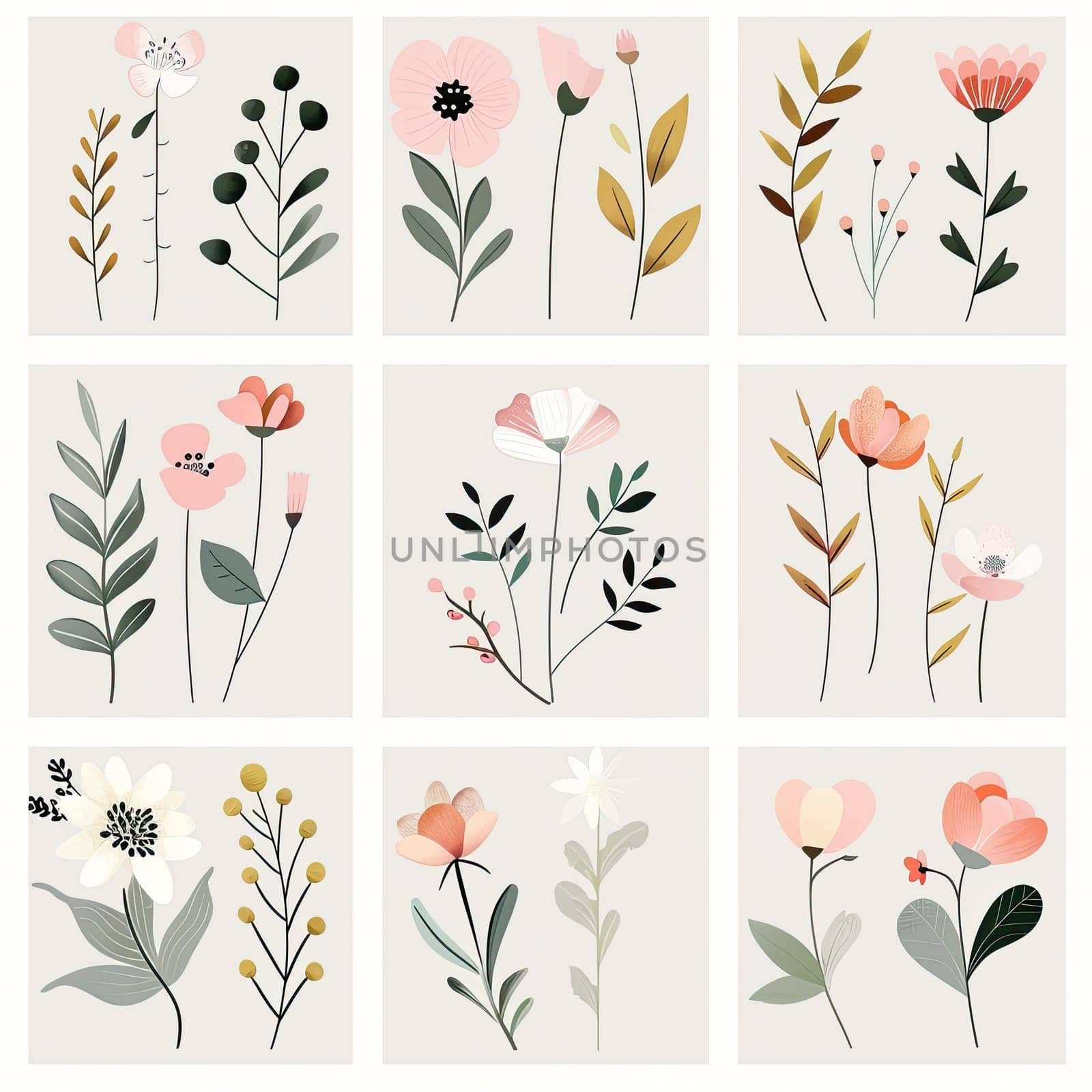A vibrant collection of floral illustrations showcases diverse flower and leaf designs arranged in a nine-panel layout, ideal for artistic or decorative use.