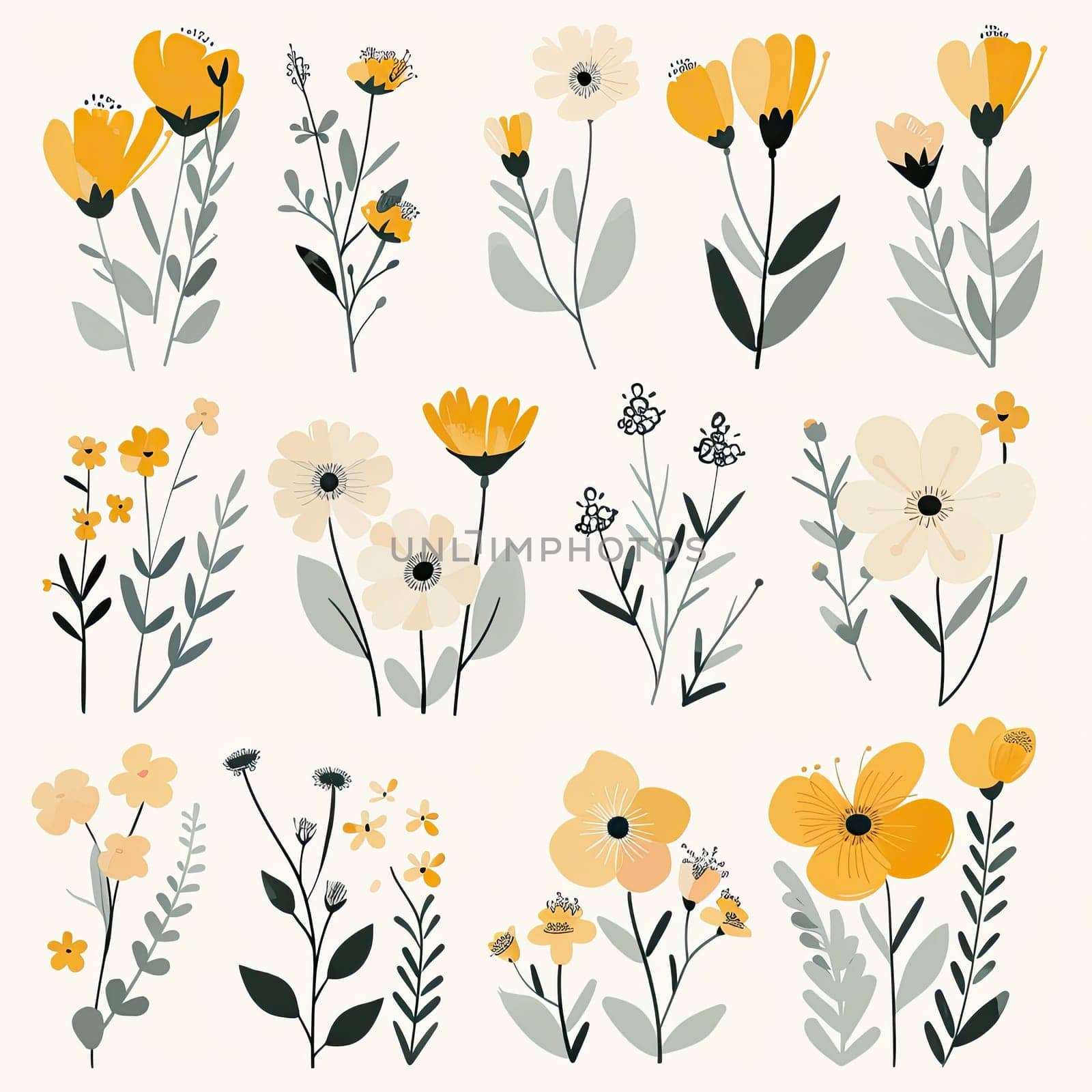 A vibrant display of yellow wildflowers with green foliage against a soft light backdrop, showcasing spring’s beauty and freshness in a decorative style.