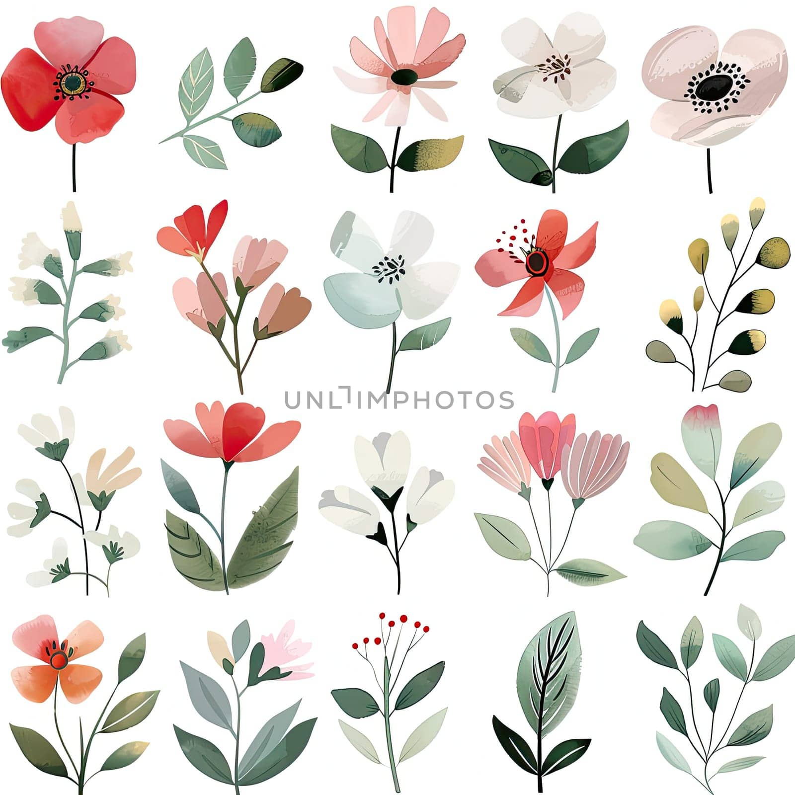 A vibrant array of floral illustrations showcases different flowers and greenery beautifully arranged, creating a cheerful and lively atmosphere.