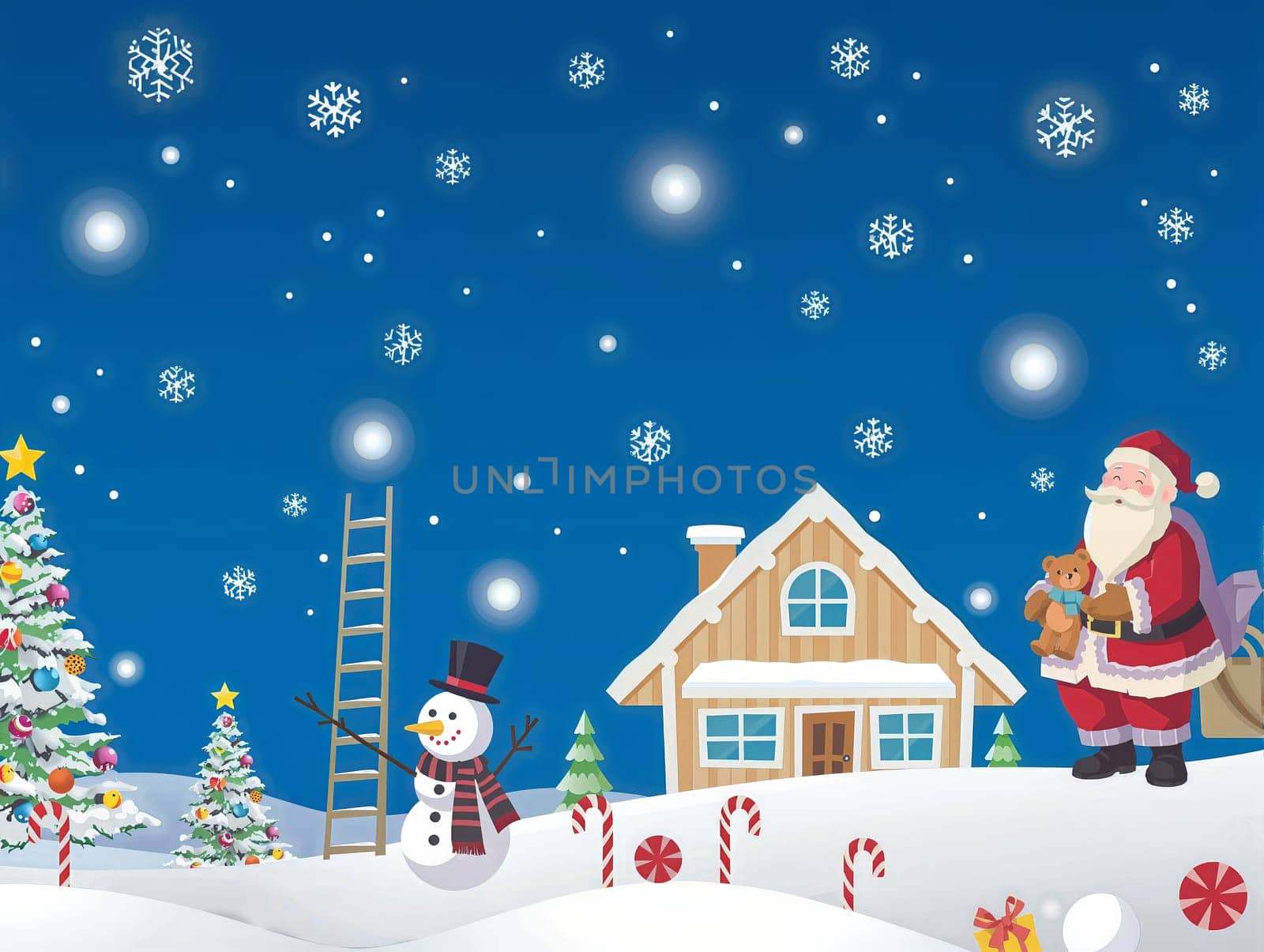 The image depicts a snowy winter scene with a house in the background, a Santa Claus figure holding a teddy bear, a snowman with a carrot nose and hat, and a ladder leading up to the roof. The sky is filled with falling snowflakes, and the ground is covered in snow. The scene is decorated with red and white candy canes and Christmas trees.