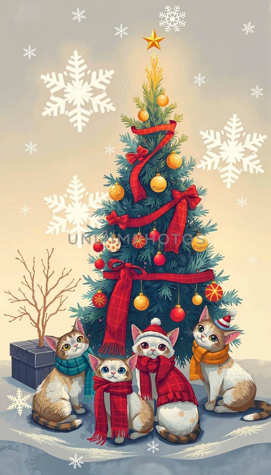 The image depicts a festive scene with four cats sitting around a Christmas tree. The tree is adorned with red and gold ornaments and a red ribbon, and a star is placed on top. The cats are wearing colorful scarves and hats, and the background features a snowy landscape with falling snowflakes.