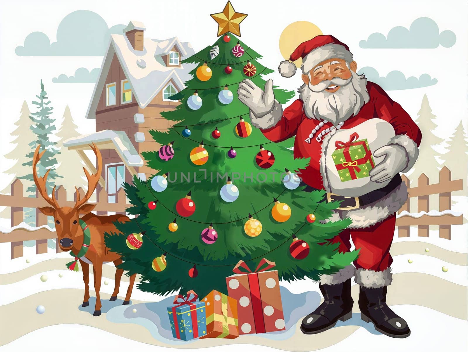 The image depicts a festive scene with a large Christmas tree adorned with colorful ornaments and a star on top, surrounded by a snowy landscape. A Santa Claus figure stands next to the tree, holding a gift bag and wearing a red suit. A reindeer is also present in the scene, adding to the wintery atmosphere. The background features a wooden house and a fence, providing a cozy setting for the holiday celebration.