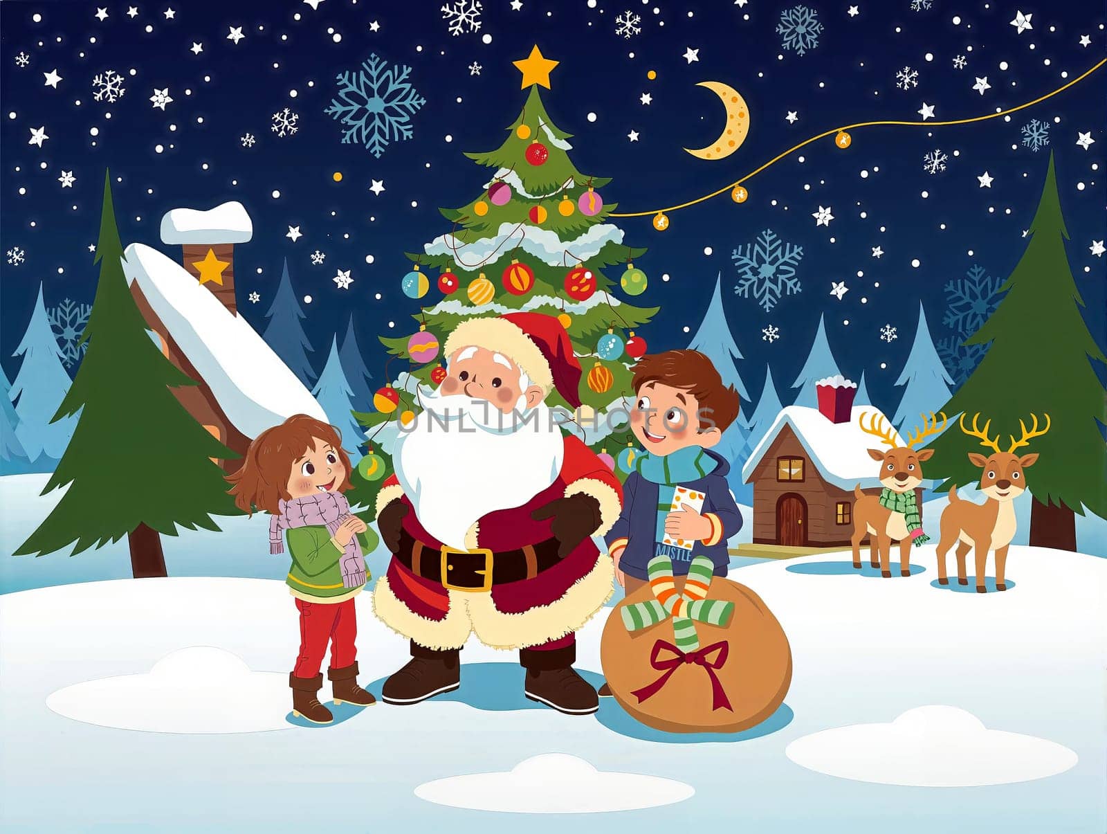 The image depicts a snowy winter scene with a Christmas tree in the center, adorned with colorful ornaments and a star at the top. Two children, one holding a present and the other holding a sack, stand in front of the tree. A Santa Claus figure is also present, wearing a red suit and holding a sack. In the background, a house with a chimney and a deer can be seen. The sky is filled with snowflakes, and a crescent moon is visible in the night sky.