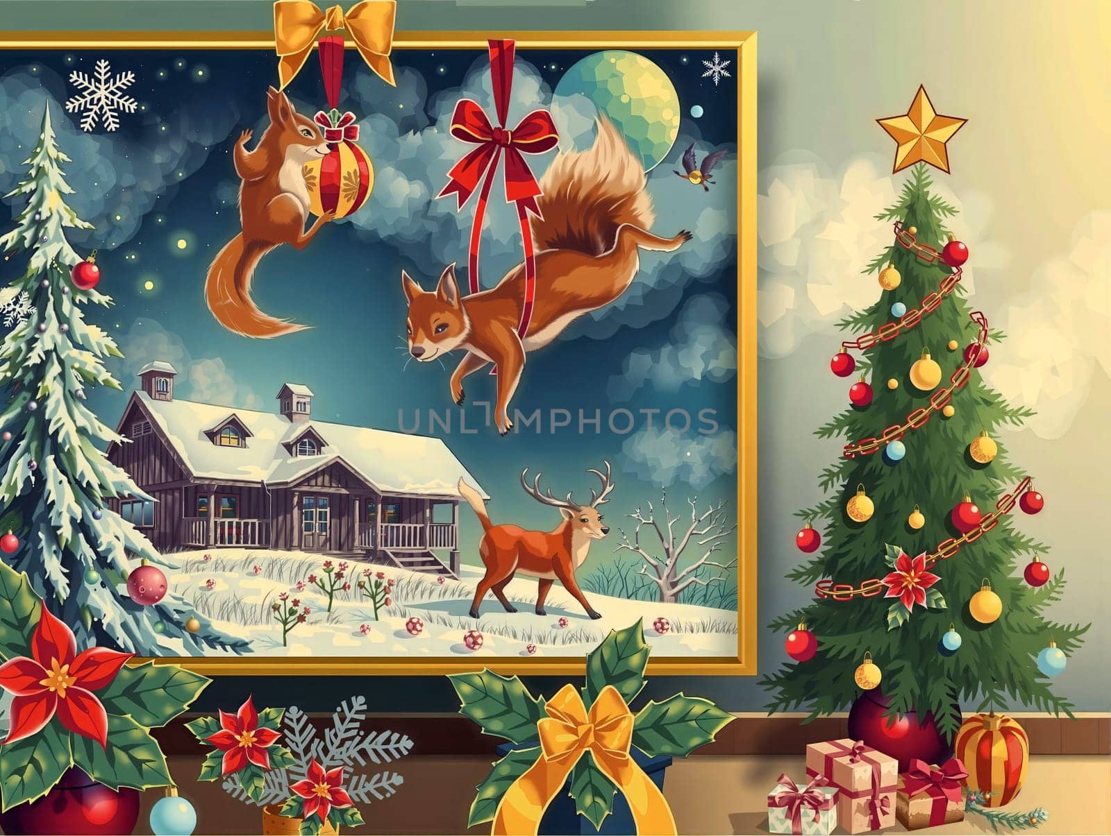 The image presents a festive scene set against a snowy landscape. In the foreground, a Christmas tree adorned with red and gold ornaments stands tall, with a star on top. To the left, a squirrel is captured mid-jump, holding a gift in its paws. In the center, a deer is seen walking towards the tree. On the right, a house with a porch and chimney is visible. The background is filled with a starry night sky and snowflakes.