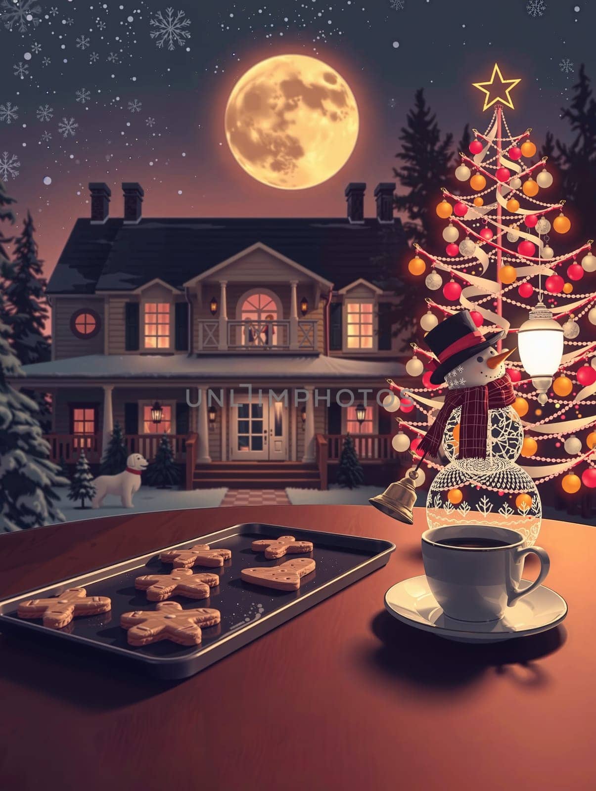 The image depicts a cozy winter scene with a full moon illuminating a house in the background. The house has a porch and a chimney, and is decorated with a Christmas tree and a snowman. In front of the house, there is a table with a tray of gingerbread cookies and a cup of coffee. The cookies are arranged in a circular pattern on the tray, and the cup of coffee is placed on a saucer. The overall scene conveys a sense of warmth and festivity.