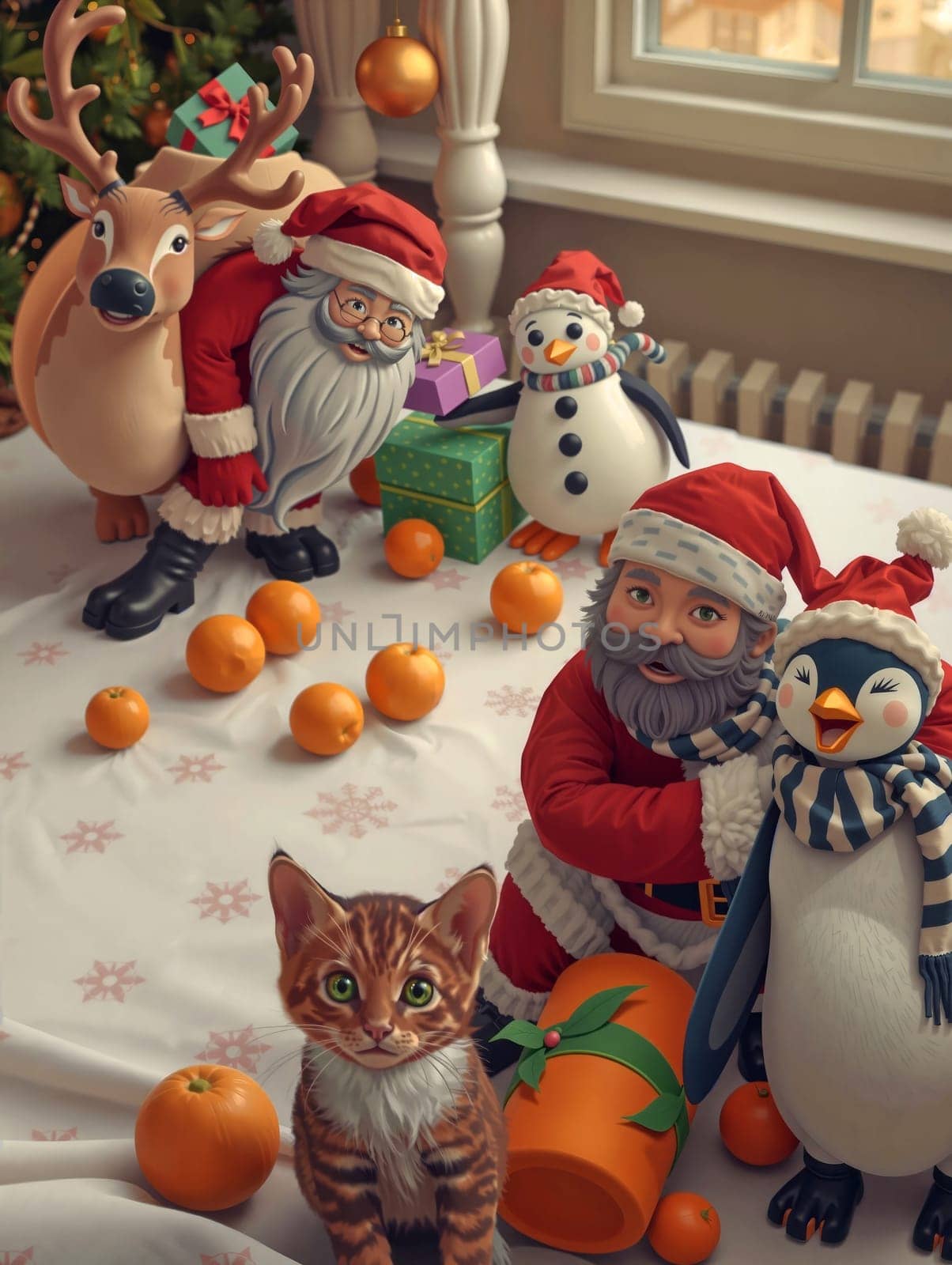 The image depicts a festive scene with a Santa Claus figurine standing on a table, holding a present. To the left, a reindeer figurine is also present. On the right, a penguin figurine is standing next to a cat figurine. The table is covered with a white tablecloth and decorated with orange and green ornaments. Several oranges are scattered around the table.