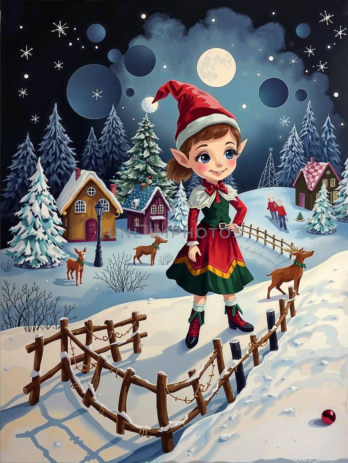 The image depicts a snowy winter scene with a young girl dressed as an elf standing in the foreground. She is wearing a red hat, a green dress, and red boots. The girl is holding a red bow in her hand. Behind her, there is a wooden fence, and a full moon is visible in the night sky. The background features a snowy landscape with trees and houses, and a few deer can be seen in the distance.
