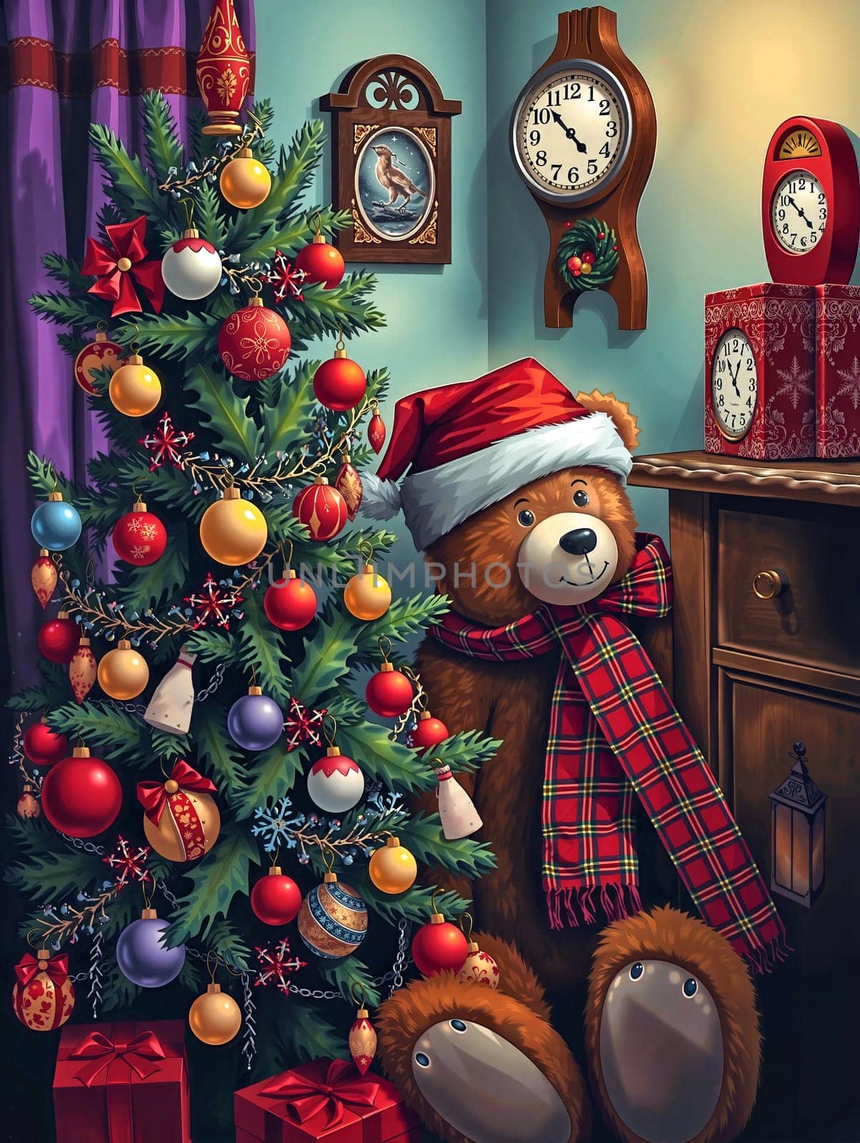 The image depicts a cozy Christmas scene. A large, brown teddy bear wearing a red Santa hat and plaid scarf is sitting on the floor next to a beautifully decorated Christmas tree adorned with red and gold ornaments, white lights, and a red bow. The tree is surrounded by a red gift box and a red clock on the wall. The room has a blue wall with a picture frame hanging above the teddy bear, and a window with a red curtain can be seen in the background.