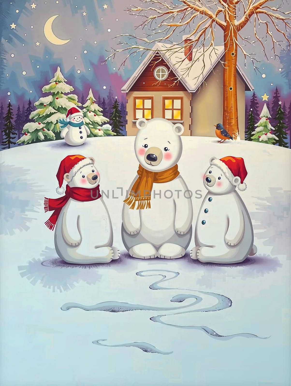 The image depicts a winter scene with three white polar bears standing on a snowy hill. The bear in the center is wearing a red scarf and has a yellow bow around its neck. To the left, a snowman wearing a red scarf and a blue hat is standing. On the right, another snowman is wearing a red scarf and a blue hat. In the background, a house with a chimney and a tree with snow-covered branches can be seen. The sky is filled with stars, and a crescent moon is visible in the night sky.