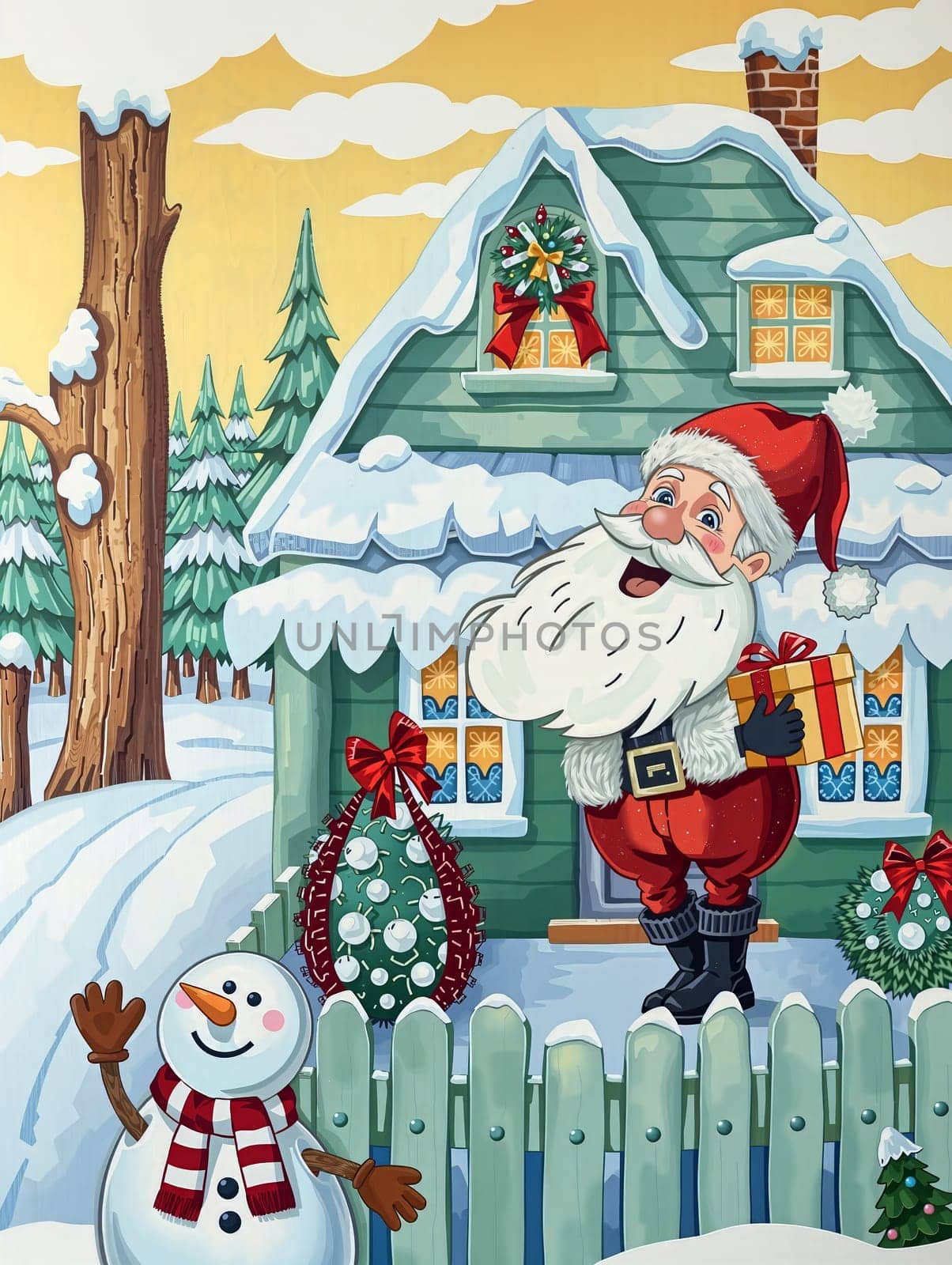 The image depicts a snowy winter scene with a green house adorned with a wreath and a red bow on the roof. A Santa Claus figure stands on the porch, holding a gift box. A snowman with a carrot nose and a red scarf is also present on the porch. The background features a snowy landscape with pine trees and a clear blue sky.