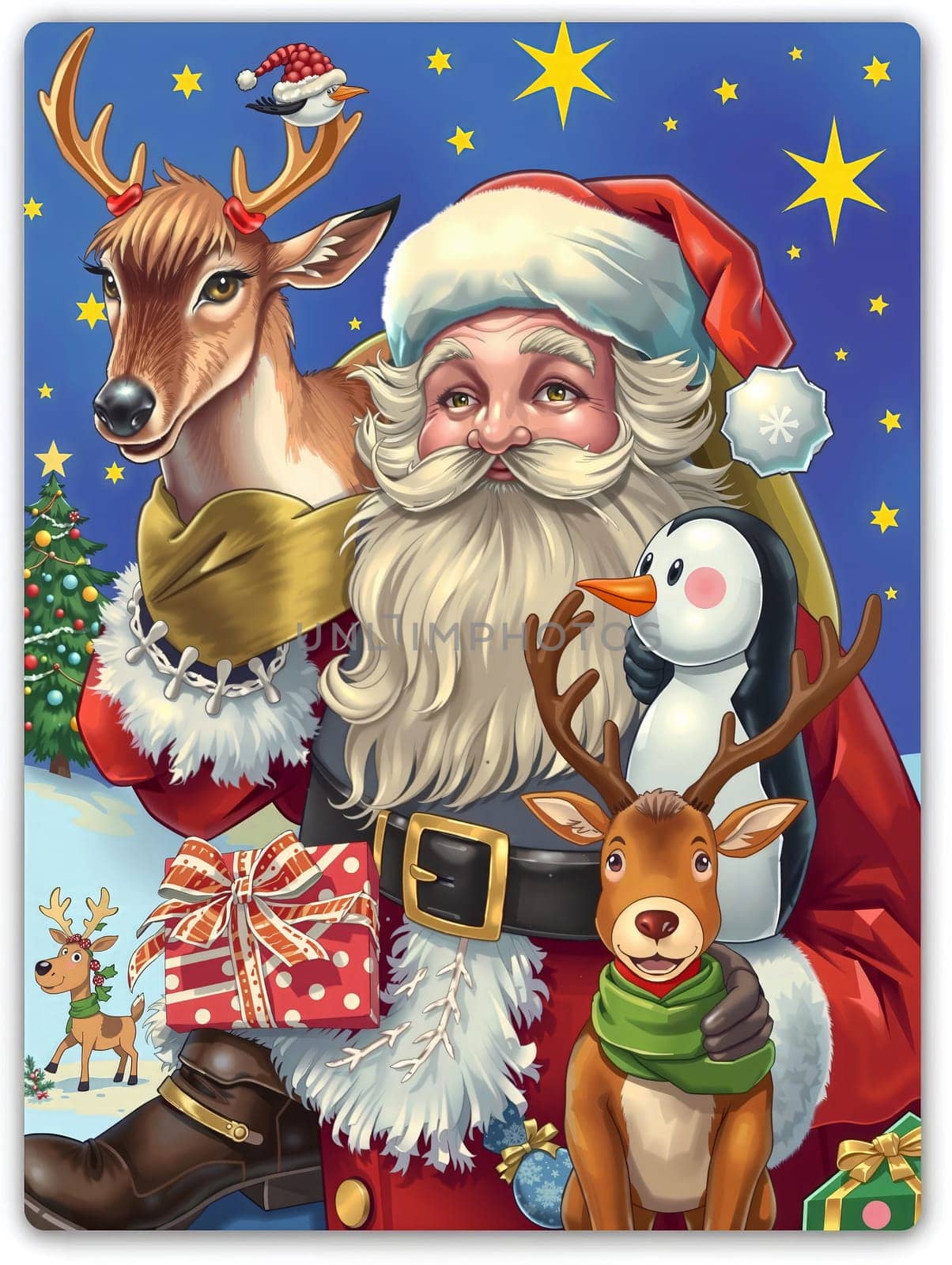 The image depicts a festive scene with Santa Claus, a deer, and a penguin. Santa is wearing a red suit and holding a present, with a white beard and a red hat. The deer is wearing a red bow tie and holding a gift, while the penguin is wearing a green scarf and holding a gift. The background features a blue sky with white stars, and a Christmas tree with ornaments.
