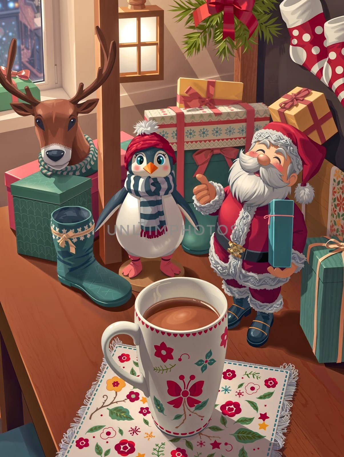 The image depicts a cozy Christmas scene set on a wooden table. At the center is a white mug adorned with red and green floral designs, filled with a warm beverage. To the left, a reindeer figurine stands tall, wearing a green hat and holding a green mug. On the right, a Santa Claus figurine is seen holding a blue mug, wearing a red hat and a red scarf. The table is surrounded by an array of wrapped gifts, and a window with a red curtain can be seen in the background.