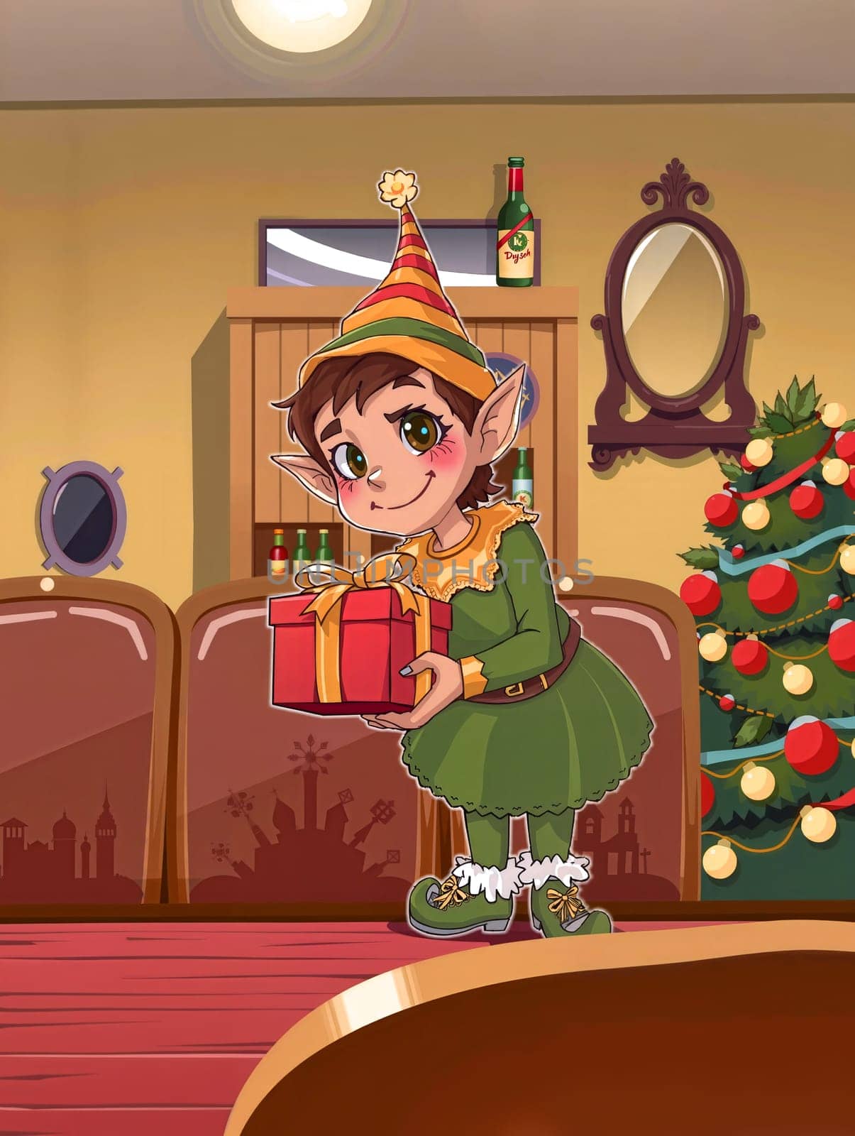 The image depicts a cheerful elf standing in a cozy living room. The elf is wearing a green dress and a striped hat, and is holding a red gift box. The room is decorated for Christmas, with a Christmas tree in the background and a bottle of wine on a nearby table. The walls are painted in a warm yellow color, and a mirror hangs on the wall.