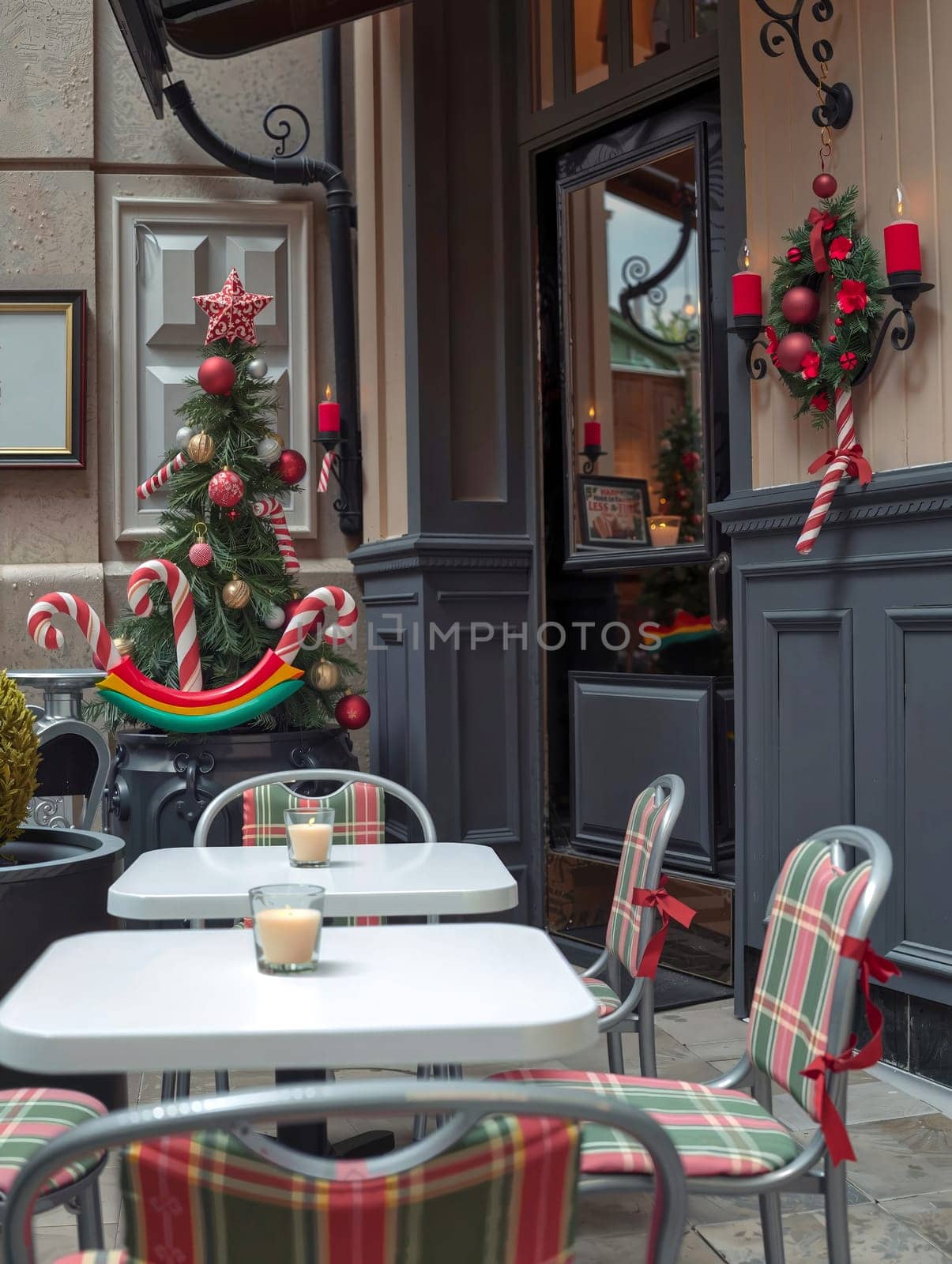 The image depicts a festive outdoor dining area decorated for Christmas. The centerpiece is a Christmas tree adorned with red and gold ornaments and a star on top, surrounded by candy canes. The tree is placed on a black table with a white tablecloth. The table is set with two candles and two glasses. The dining area is furnished with gray chairs with red and green plaid cushions, and a black awning provides shade. A black door with a window is visible in the background.