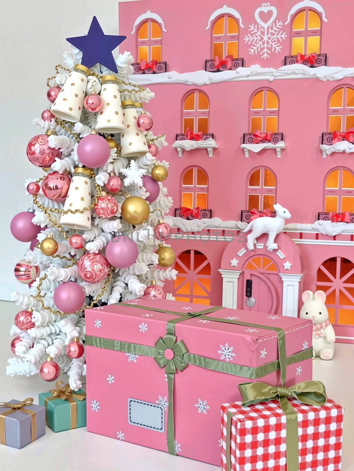 The image presents a festive scene set against a pink building with orange windows. A white Christmas tree adorned with pink and gold ornaments stands in front of the building, with a blue star on top. A pink gift box with a green ribbon is placed next to the tree.