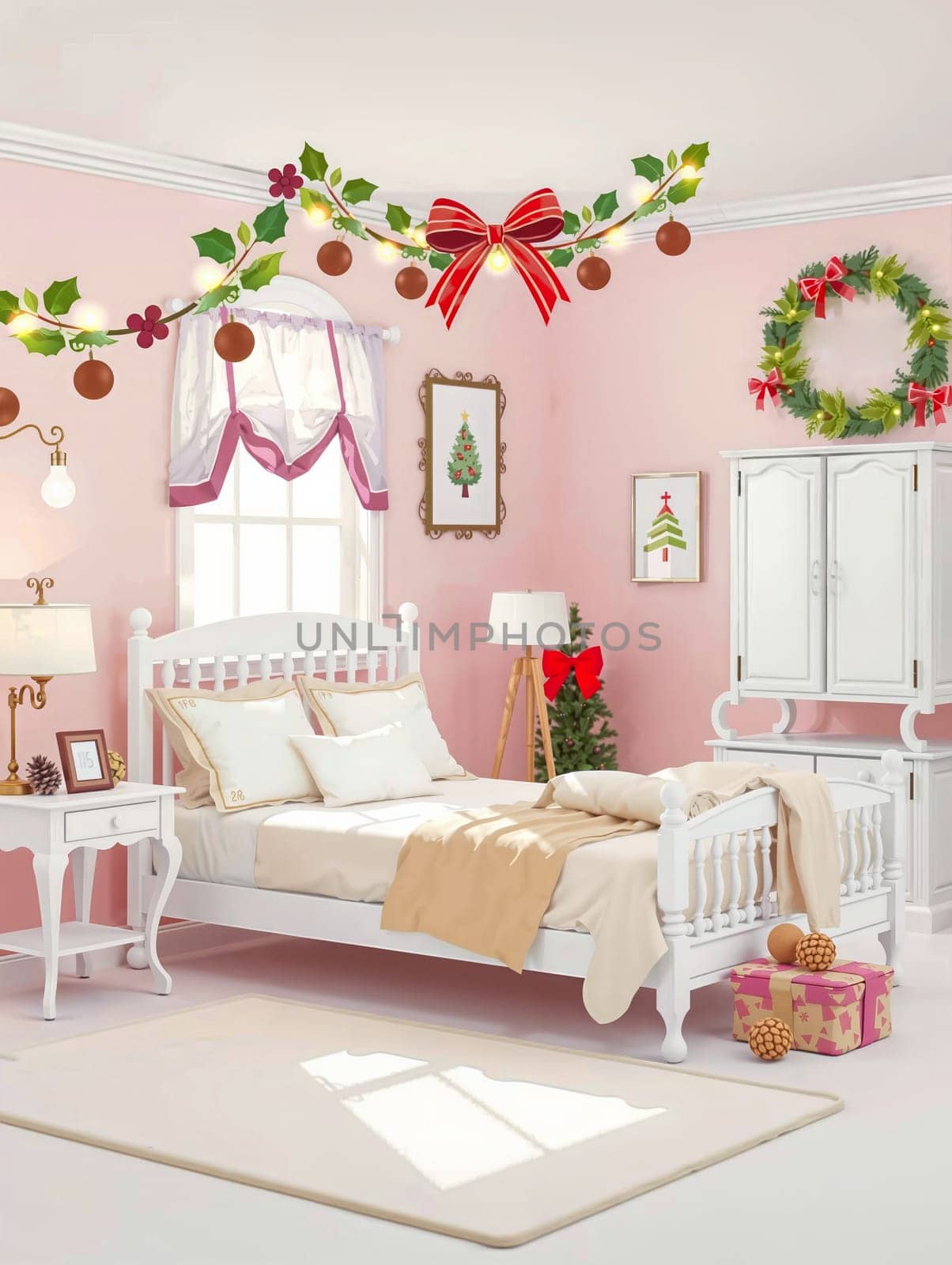 The image depicts a cozy bedroom with a white wooden bed adorned with a beige comforter and two white pillows. A red bow hangs above the bed, and a white lamp stands on the nightstand next to the bed. A pink curtain covers the window, and a Christmas tree is placed on the windowsill. A wreath hangs on the wall, and a pink gift box is placed on the floor. The walls are painted in a light pink color, and the room is illuminated by natural light from the window.