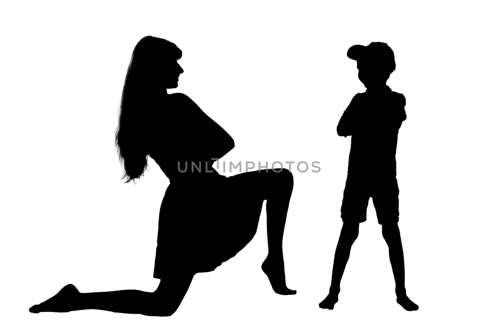 A graceful silhouette of a woman kneeling down beside a little girl who is standing upright, creating a touching scene of bonding