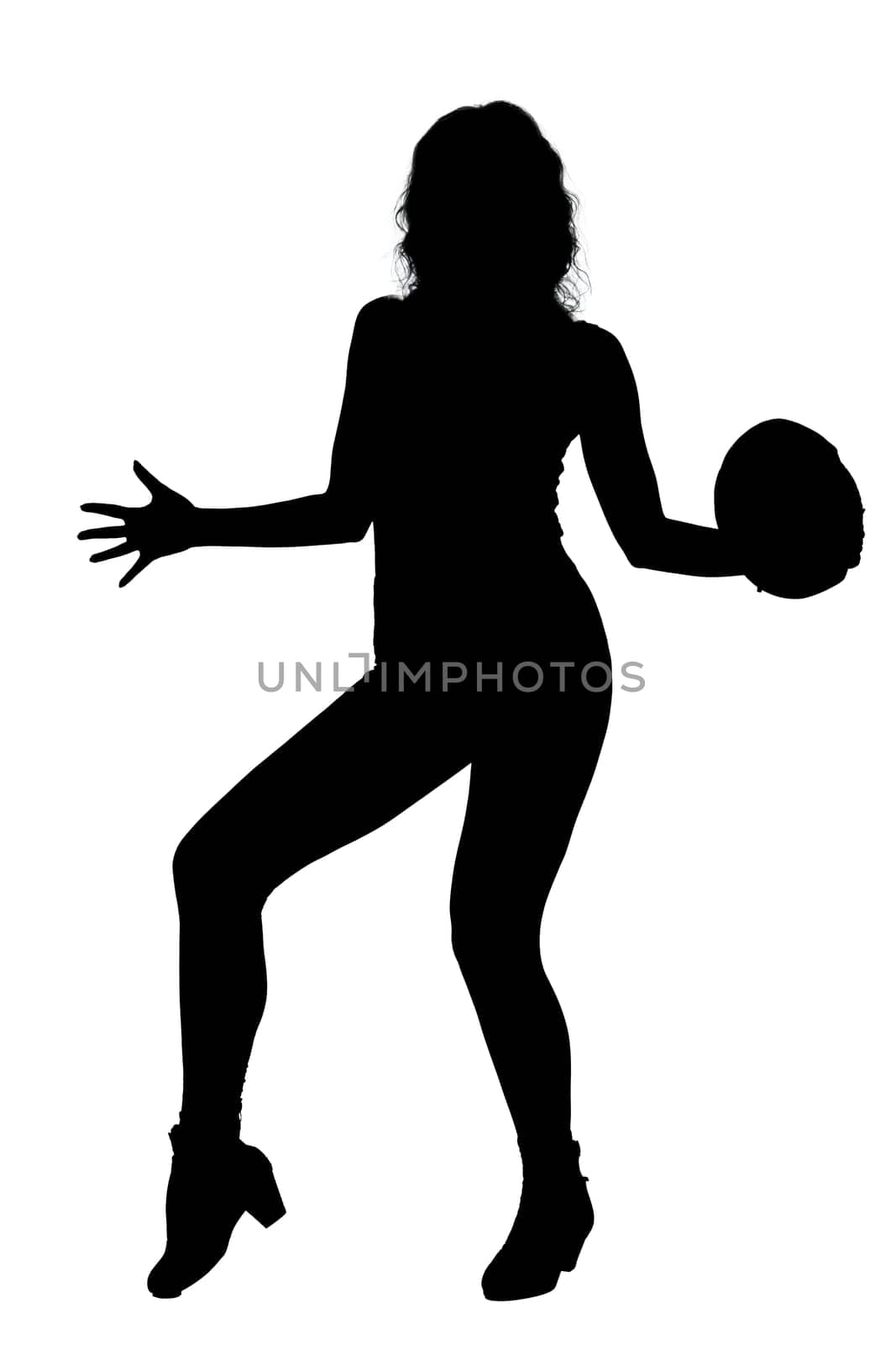 A striking silhouette of a woman gracefully holding a bowling ball as she prepares to bowl, showcasing a moment of concentration and balance