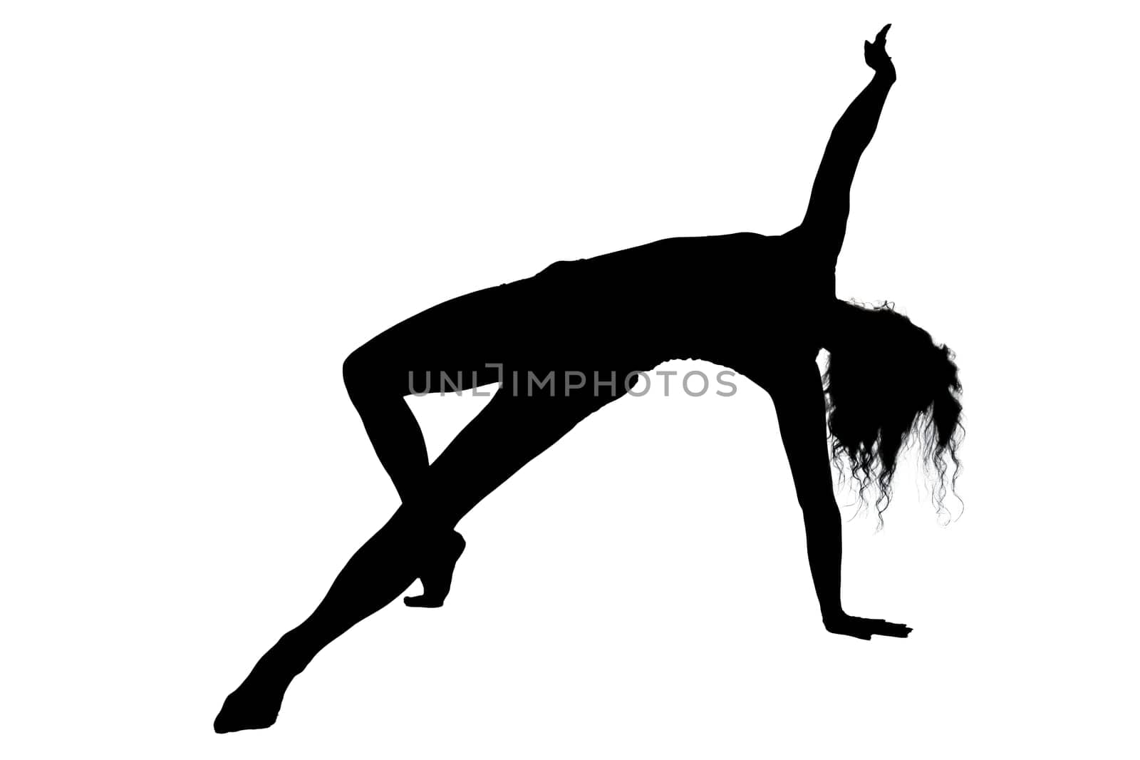 A graceful silhouette of a woman elegantly performing a yoga pose set against a plain white background for a calming effect
