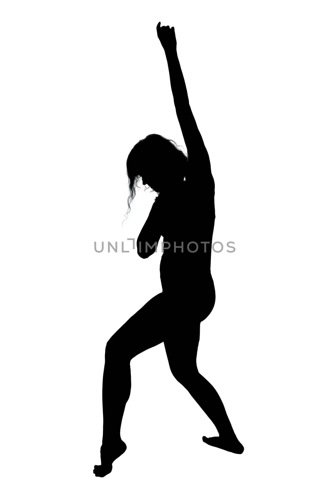 A striking silhouette of a woman gracefully dancing against a pristine white background, showcasing her fluid movements and joyful expression