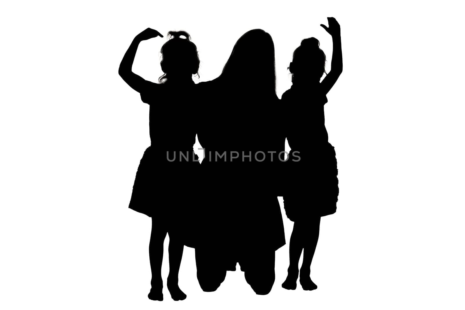 A beautifully crafted silhouette displays three little girls joyfully standing together, side by side, all set against a clean, crisp white background