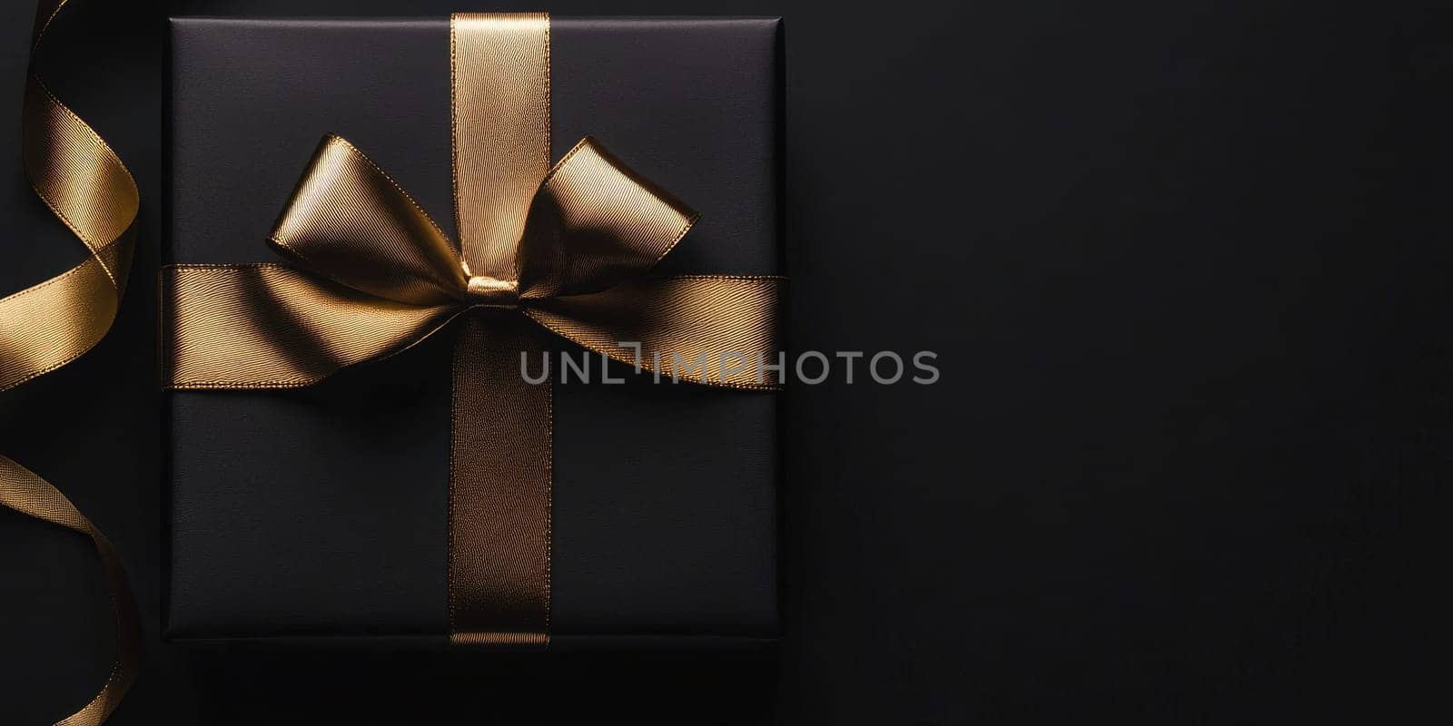 A beautifully wrapped black gift box adorned with a shiny gold ribbon is positioned on a dark background, ideal for birthdays, holidays, or special events.