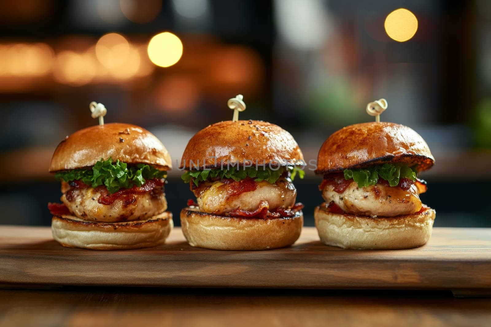 Three juicy tasty hamburgers lie on a wooden table in a bar or cafe. High quality photo