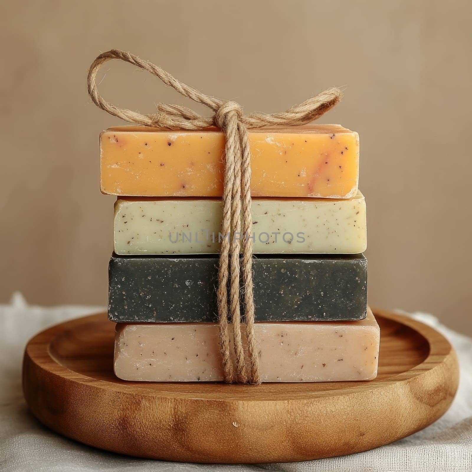 A set of handcrafted soaps in various colors are neatly stacked and tied with twine. The display highlights the natural textures and earthy tones of the soaps.