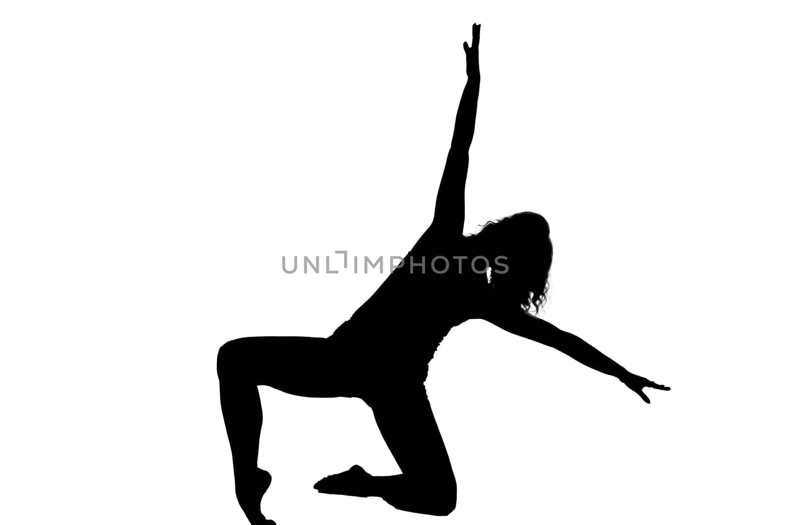A beautiful silhouette of a woman gracefully performing a yoga pose against a clean, white background that enhances her form and balance