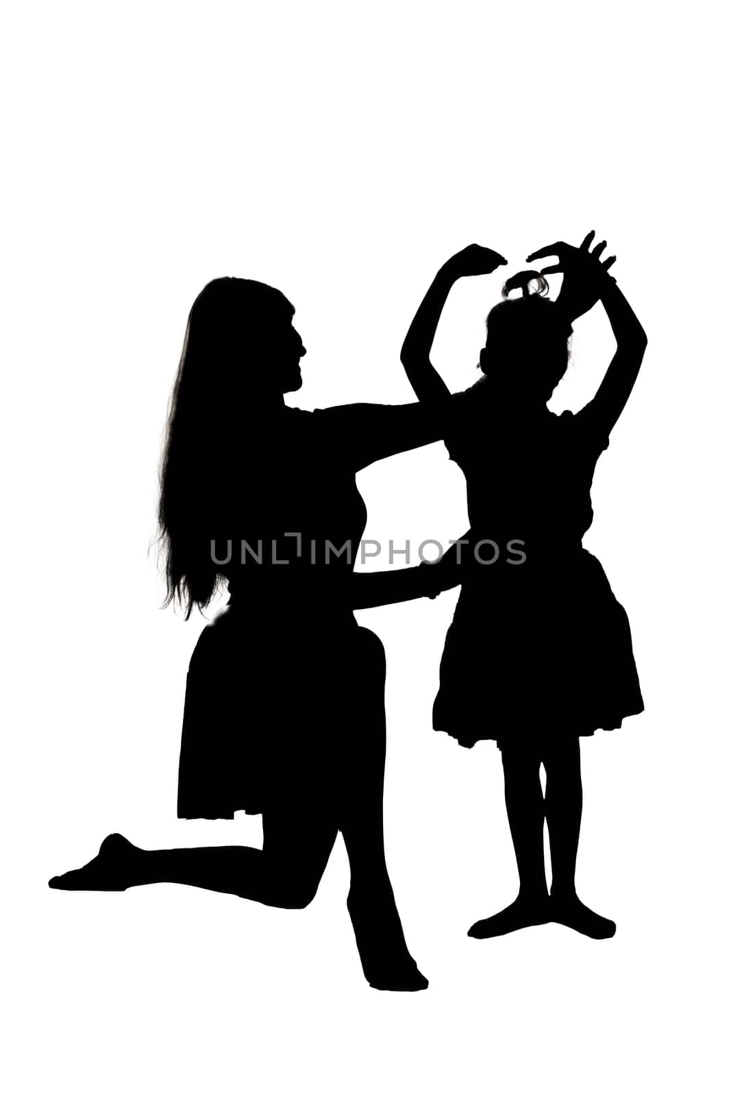 A beautiful silhouette of two women joyfully dancing together against a clean white background, creating an inspiring and artistic scene