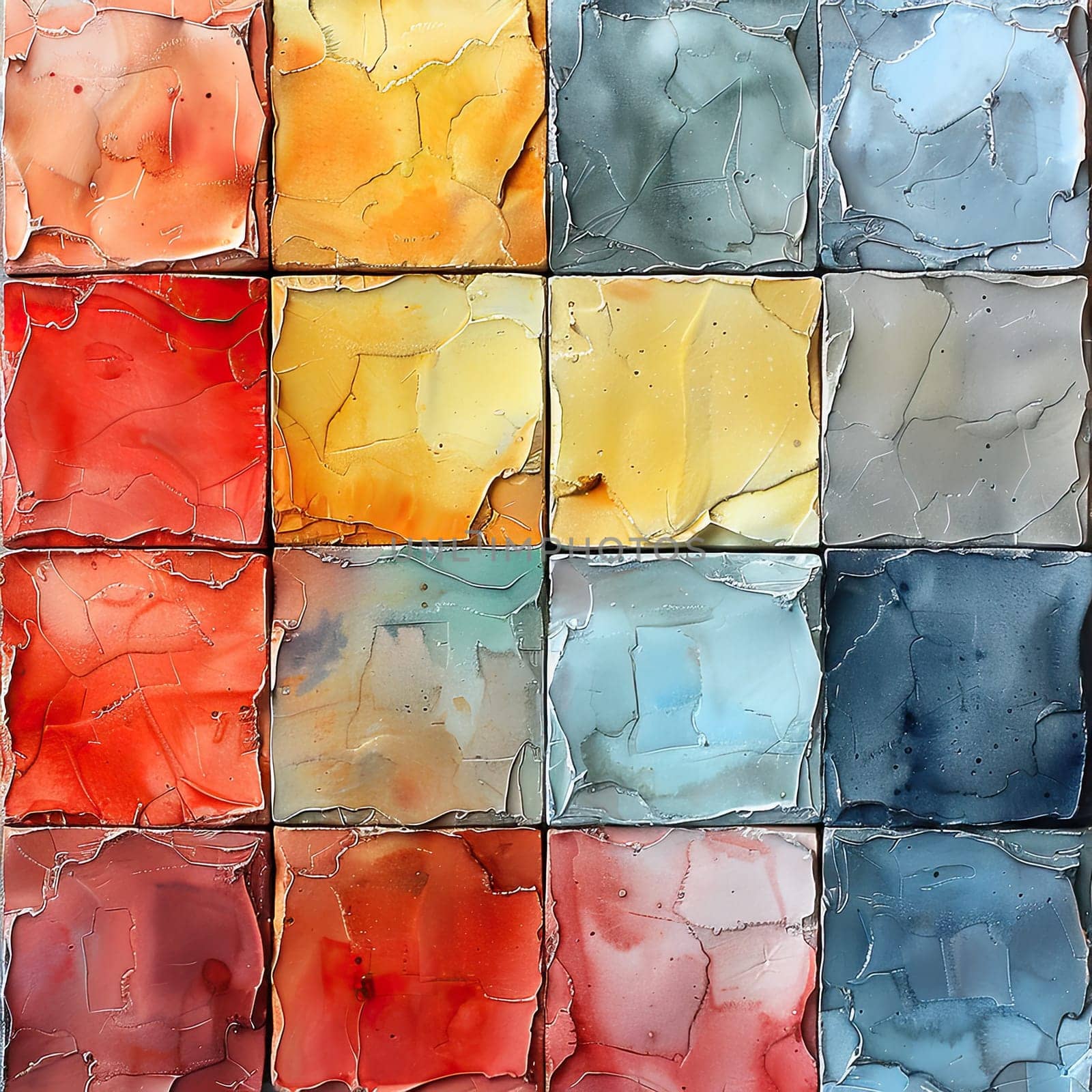 This artwork features a grid of vibrant tiles, each showcasing a unique color blend, creating an engaging visual experience rich in texture and warmth.