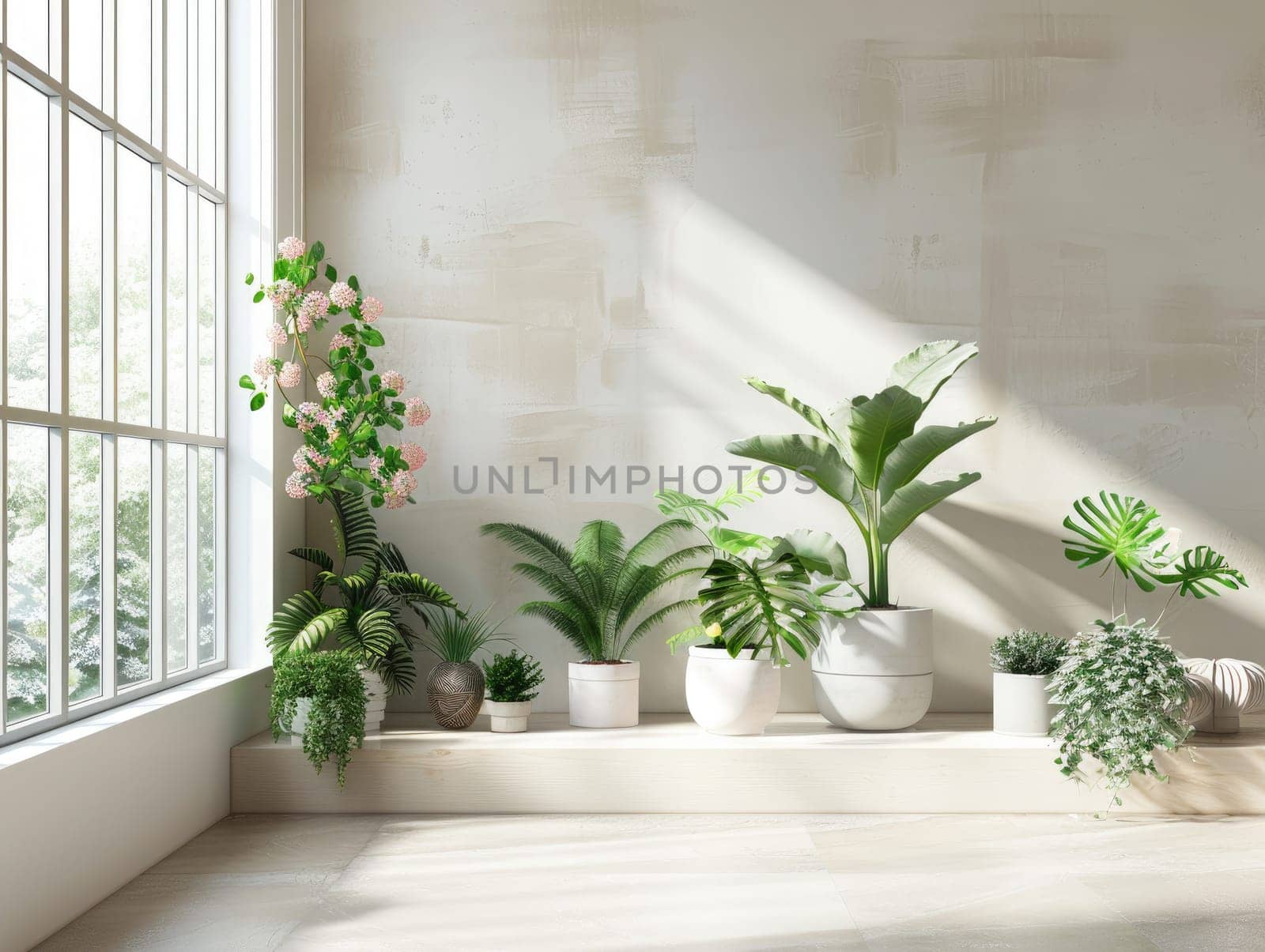Sunlight fills a cozy room adorned with an array of potted plants, including cacti and leafy greens, along a window sill that enhances the serene atmosphere.