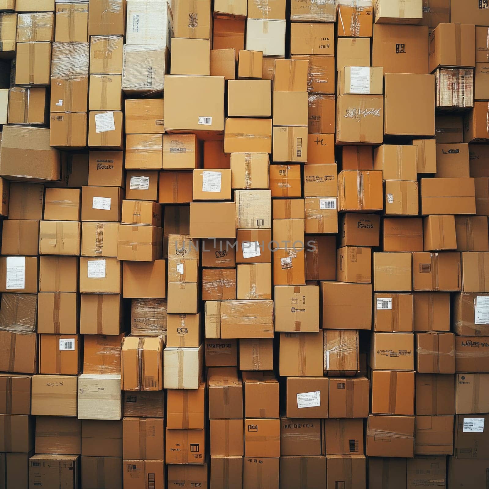 Numerous cardboard boxes are stacked tightly against each other in a warehouse, showcasing a busy storage environment. The natural light enhances the organized chaos.