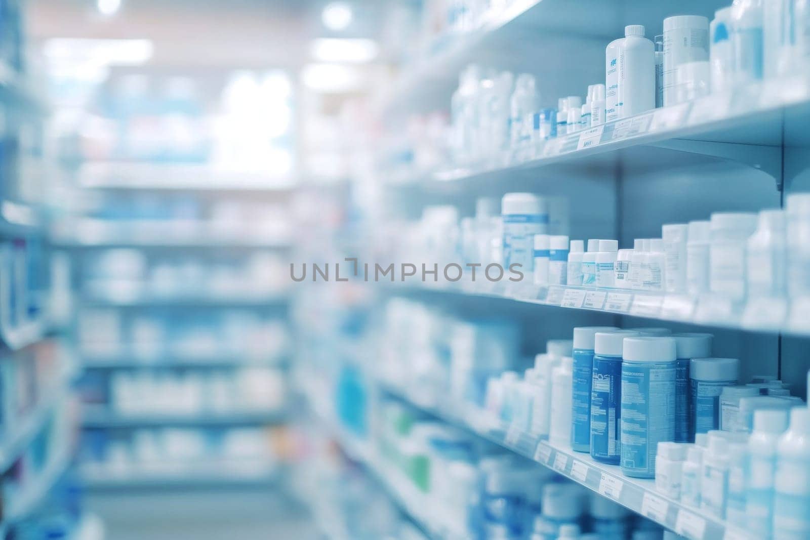 Abstract image of a showcase with medicines, cosmetics in a pharmacy. High quality photo