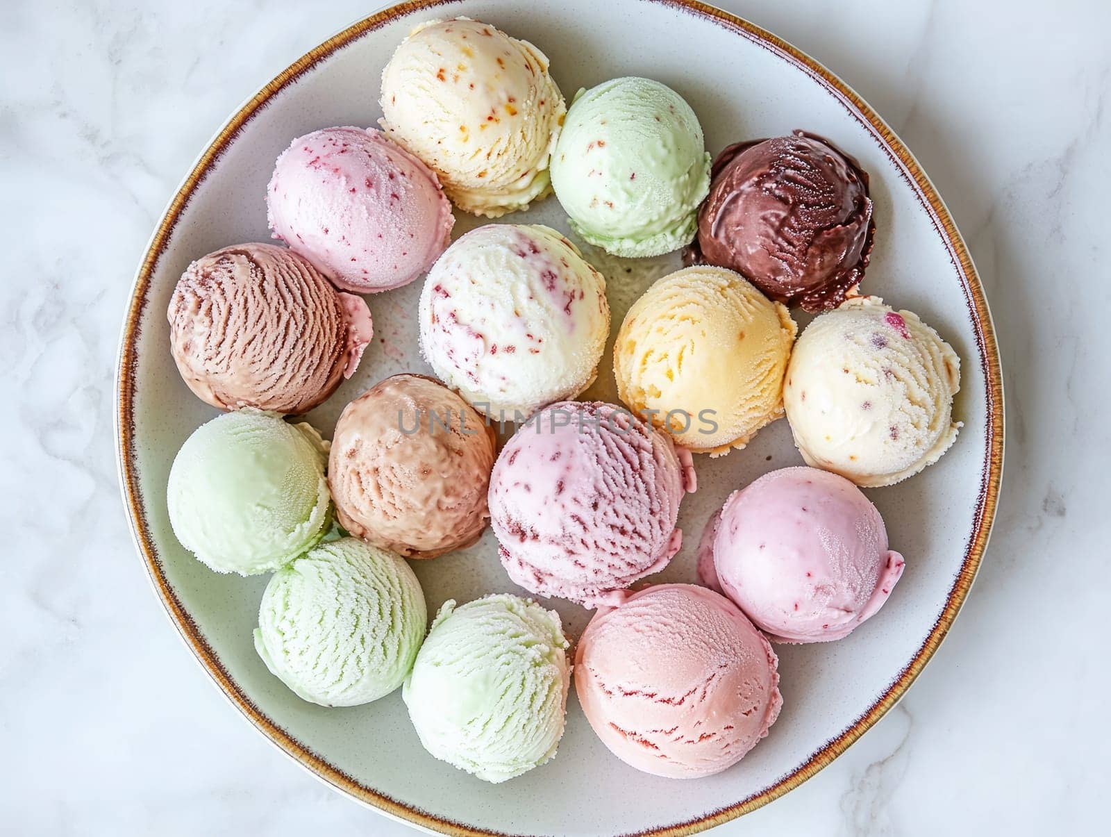 A beautiful collection of ice cream scoops in various flavors is artfully arranged in a bowl, presenting a vibrant and inviting treat perfect for a warm day.
