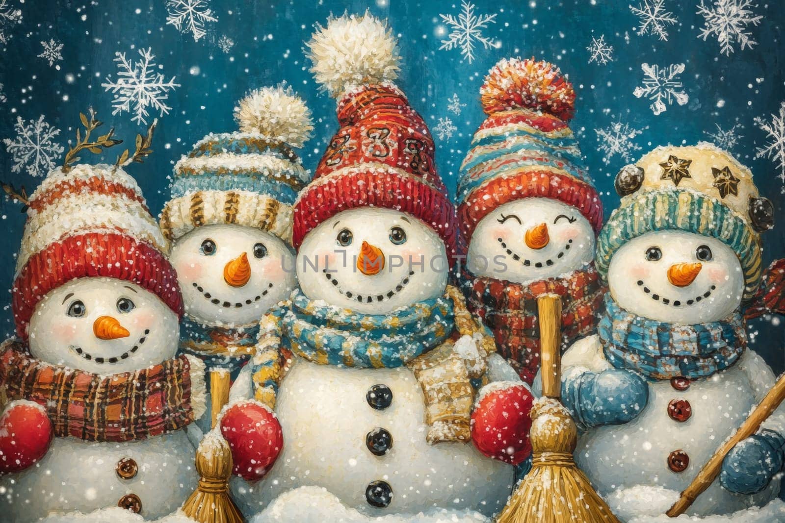 Many funny snowmen stand on a snowy street in winter during a snowfall. High quality photo
