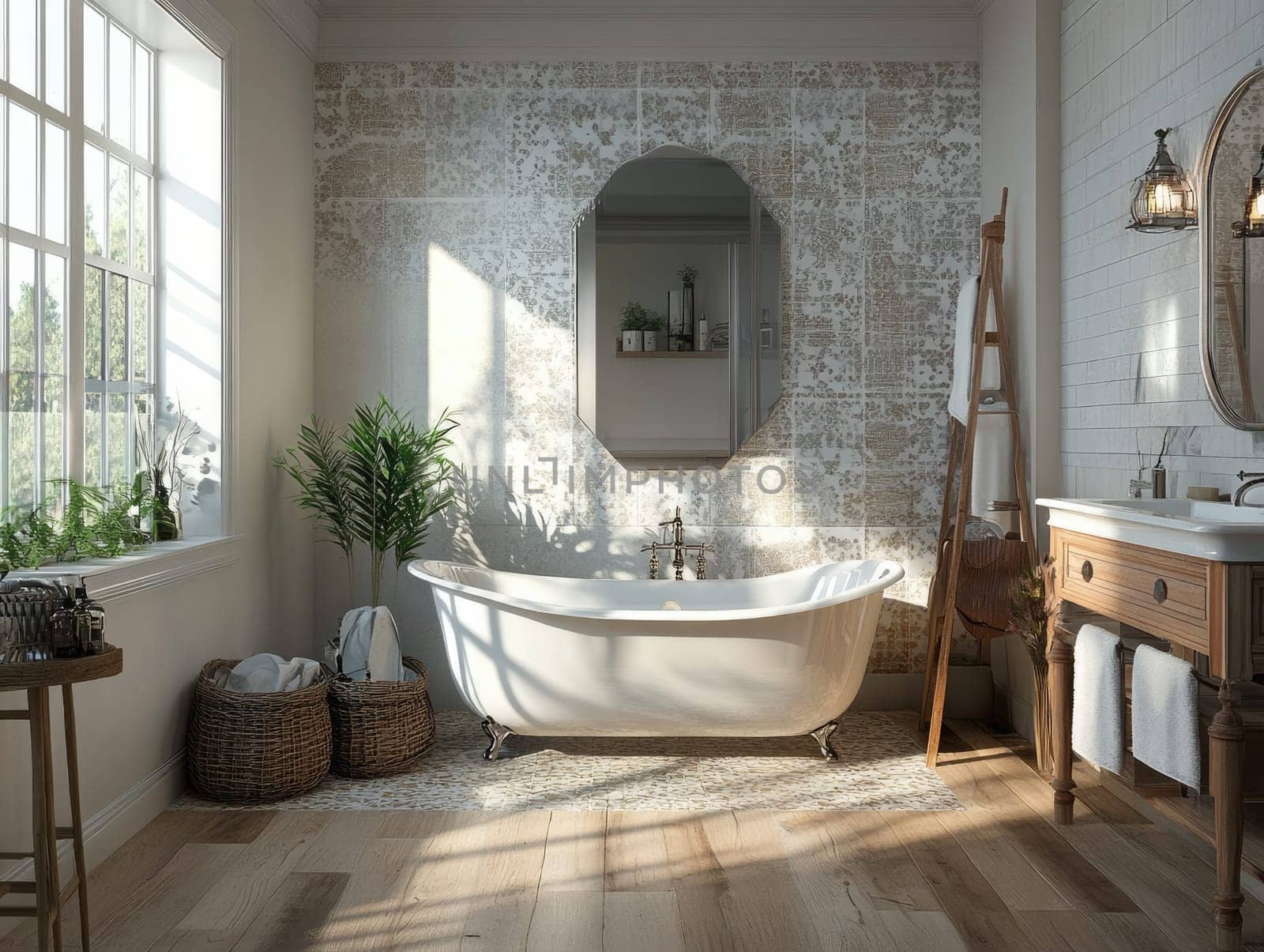 The spacious bathroom features a stylish freestanding tub, wooden accents, and plants, illuminated by natural light streaming through large windows.